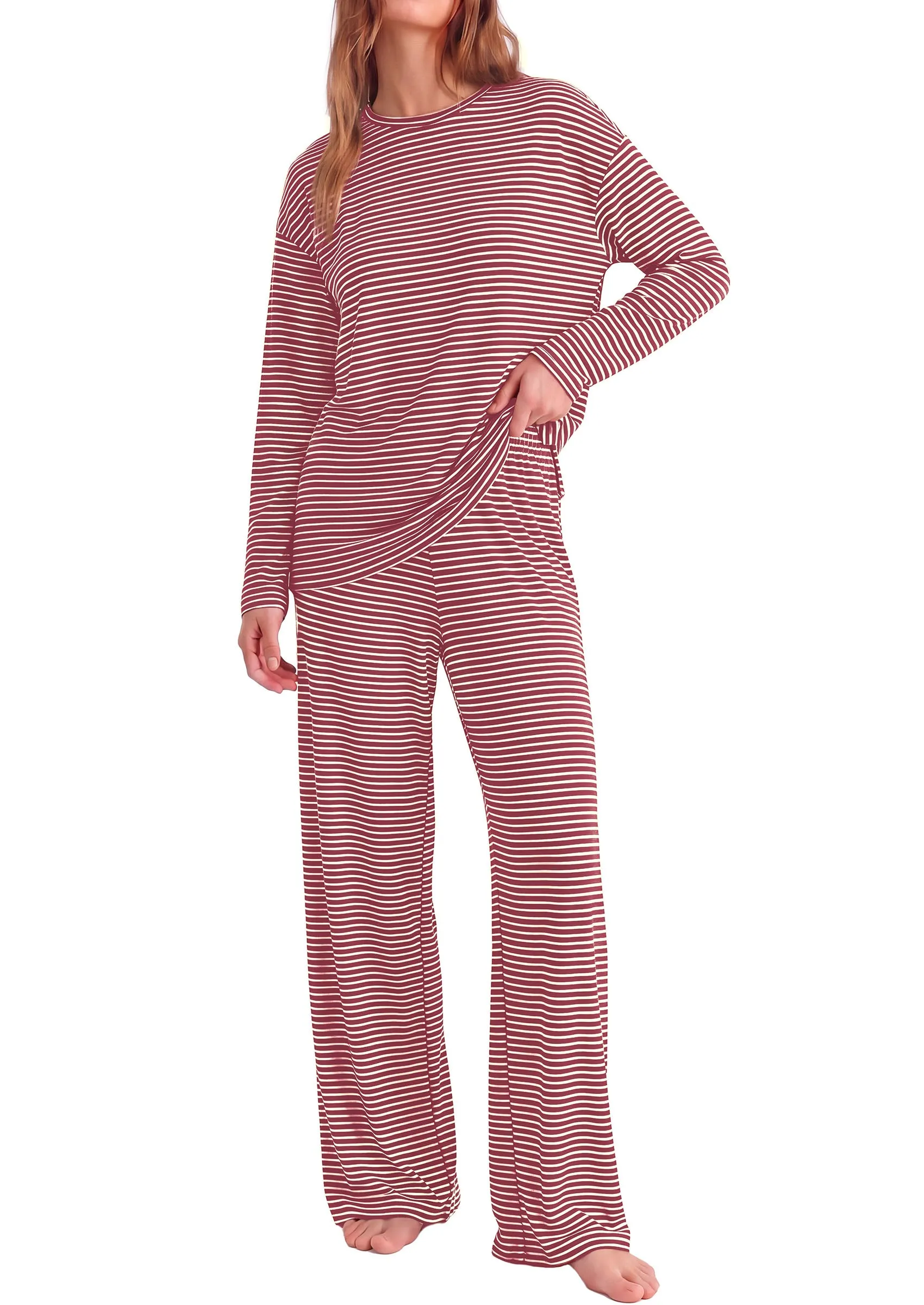 PRETTYGARDEN Womens Striped Lounge Set Fall Winter 2 Piece Sets | Side Slit Long Sleeve T-Shirts & Wide Leg Pants, Matching Pajama Sets, Comfy Pj Set, Loungewear with Pockets, Fashion Clothes sold by PrettyGarden product image thumbnail 4
