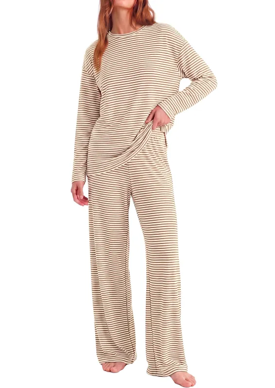 PRETTYGARDEN Womens Striped Lounge Set Fall Winter 2 Piece Sets | Side Slit Long Sleeve T-Shirts & Wide Leg Pants, Matching Pajama Sets, Comfy Pj Set, Loungewear with Pockets, Fashion Clothes made by PrettyGarden