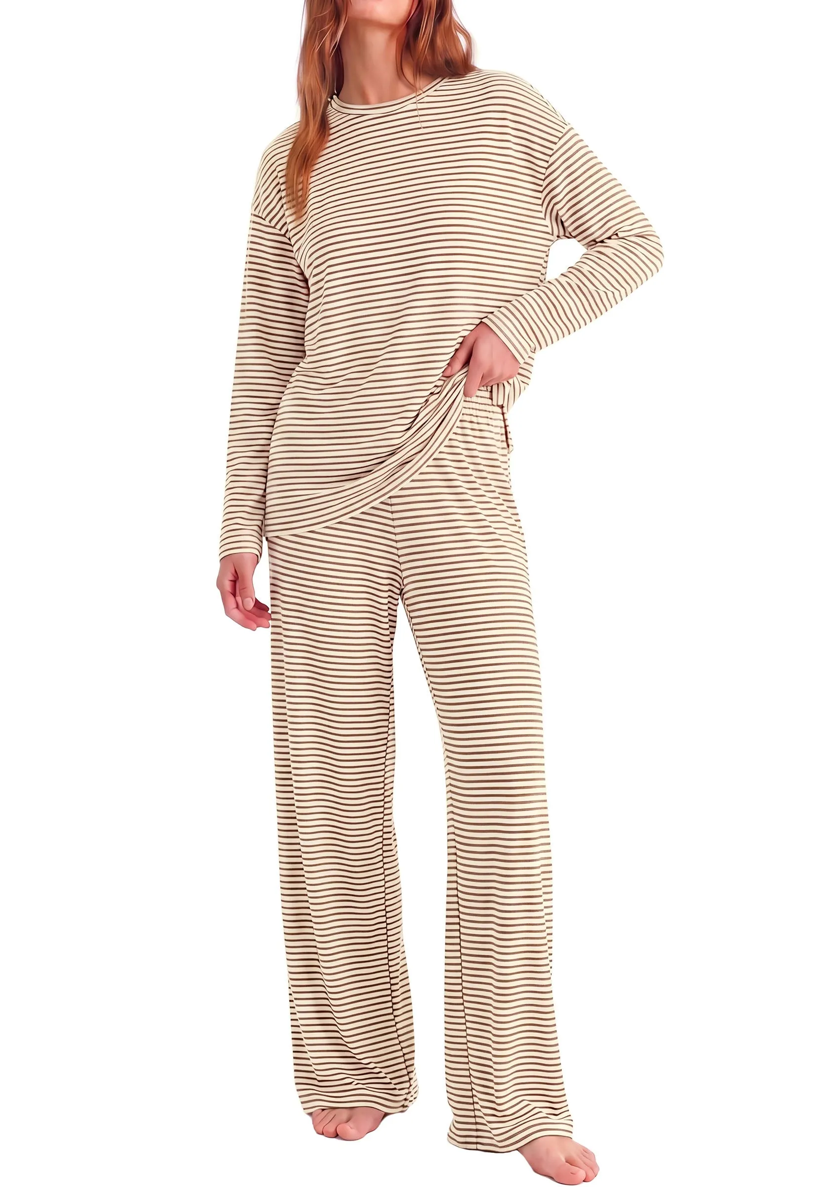 PRETTYGARDEN Womens Striped Lounge Set Fall Winter 2 Piece Sets | Side Slit Long Sleeve T-Shirts & Wide Leg Pants, Matching Pajama Sets, Comfy Pj Set, Loungewear with Pockets, Fashion Clothes sold by PrettyGarden