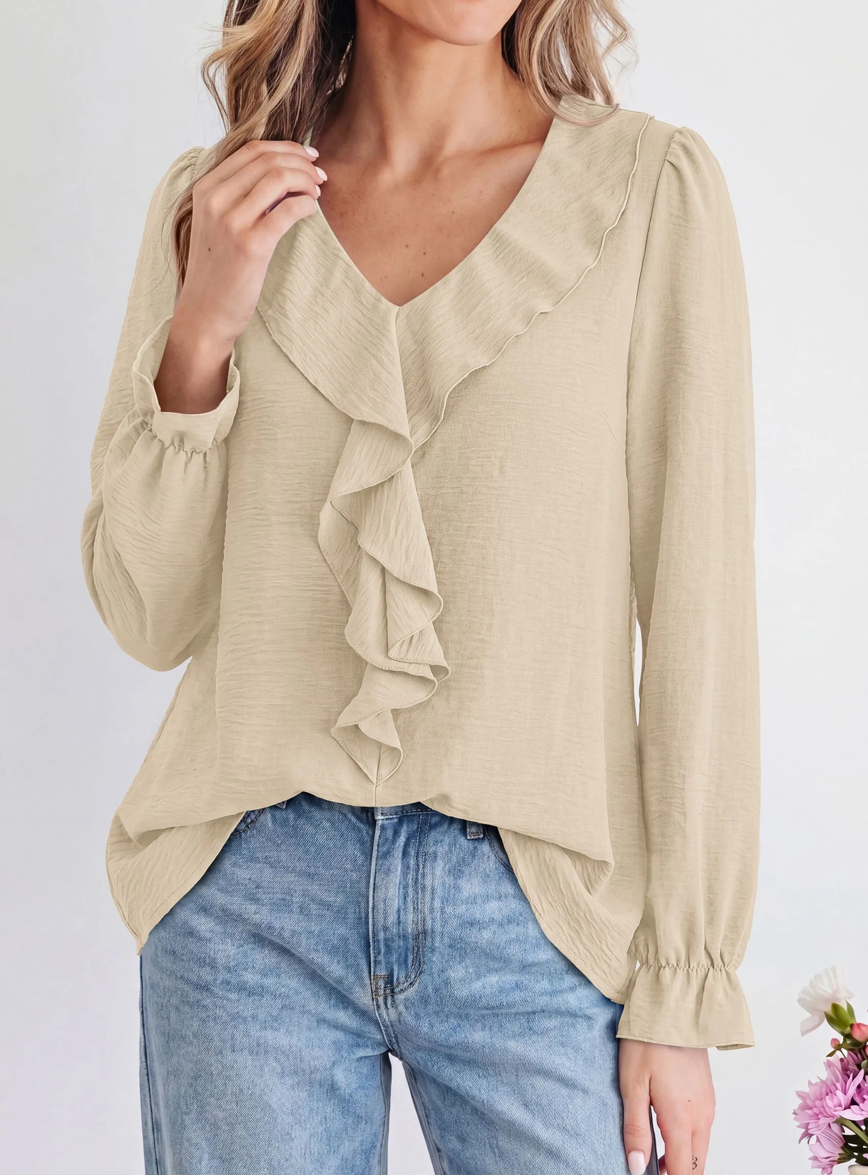 PRETTYGARDEN Women Early Fall Fashion Dressy Casual Blouses | Comfy Lightweight,Lantern Long Sleeve Shirts,Cute Ruffle V Neck,Going Out Tops,Business Work Outfits,Trendy Daily Clothes sold by PrettyGarden product image thumbnail 5