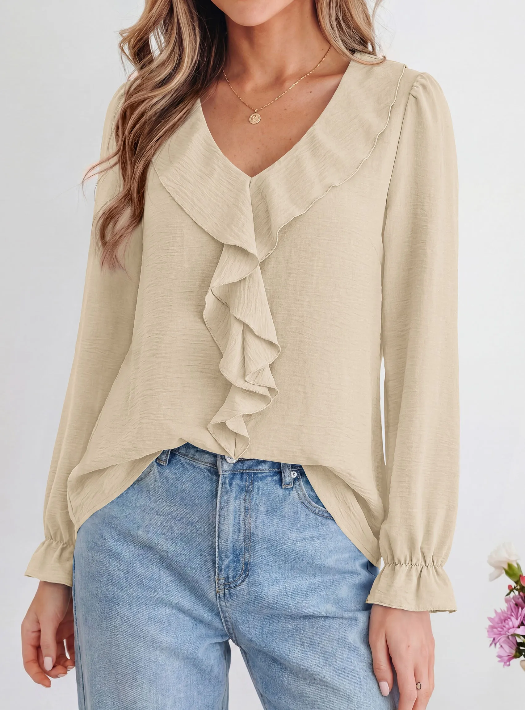 PRETTYGARDEN Women Early Fall Fashion Dressy Casual Blouses | Comfy Lightweight,Lantern Long Sleeve Shirts,Cute Ruffle V Neck,Going Out Tops,Business Work Outfits,Trendy Daily Clothes sold by PrettyGarden product image thumbnail 3