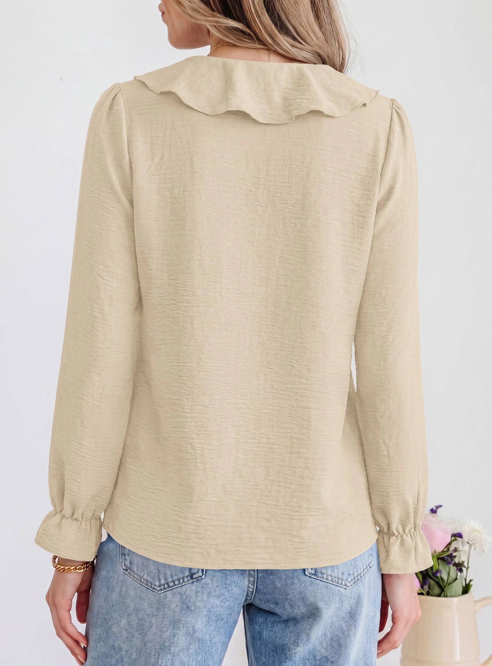 PRETTYGARDEN Women Early Fall Fashion Dressy Casual Blouses | Comfy Lightweight,Lantern Long Sleeve Shirts,Cute Ruffle V Neck,Going Out Tops,Business Work Outfits,Trendy Daily Clothes sold by PrettyGarden product image thumbnail 4