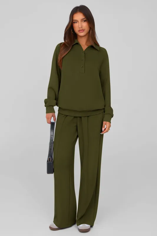 PRETTYGARDEN Women Fall 2 Piece Outfits Sweatsuits Quarter Button Long Sleeve Sweatshirt Wide Leg Pants Tracksuit Lounge Sets made by PrettyGarden