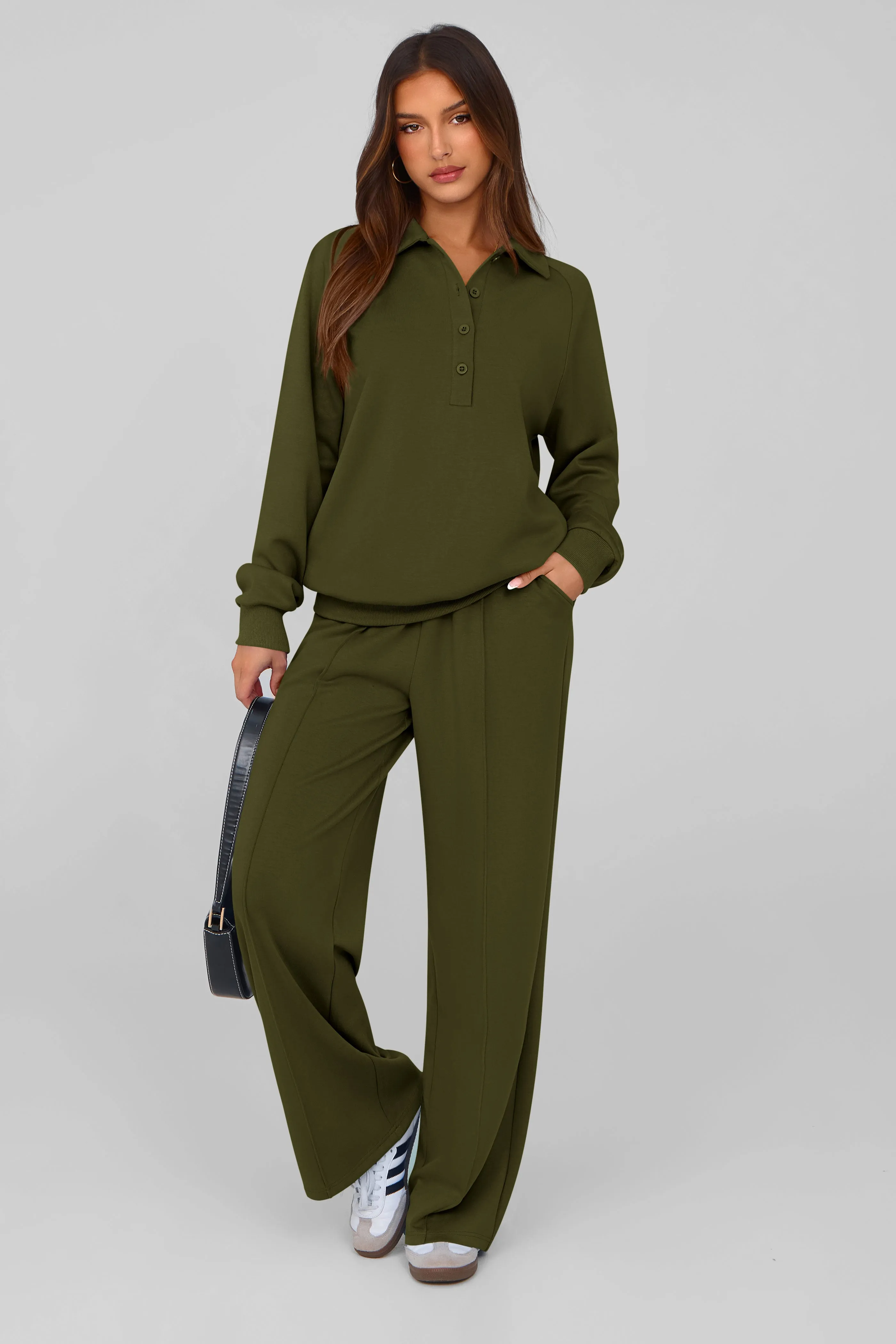 PRETTYGARDEN Women Fall 2 Piece Outfits Sweatsuits Quarter Button Long Sleeve Sweatshirt Wide Leg Pants Tracksuit Lounge Sets sold by PrettyGarden product image thumbnail 2
