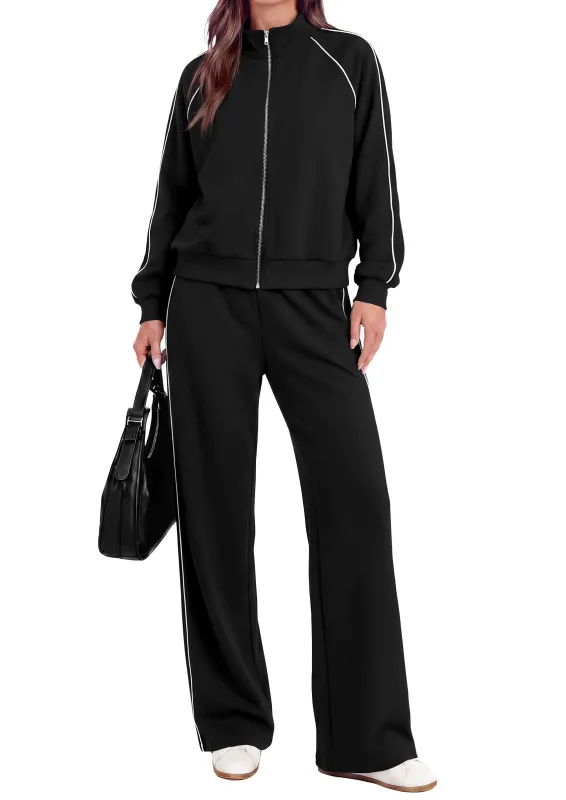 PRETTYGARDEN Women's 2 Piece Sweat Set Casual Fall Outfits | Zip Up Sweatshirt,Wide Leg Pants Sweatsuits,Side Stripes,Matching Lounge Sets,Athletic Wear for Airport,Jogging,Travel,Daily made by PrettyGarden