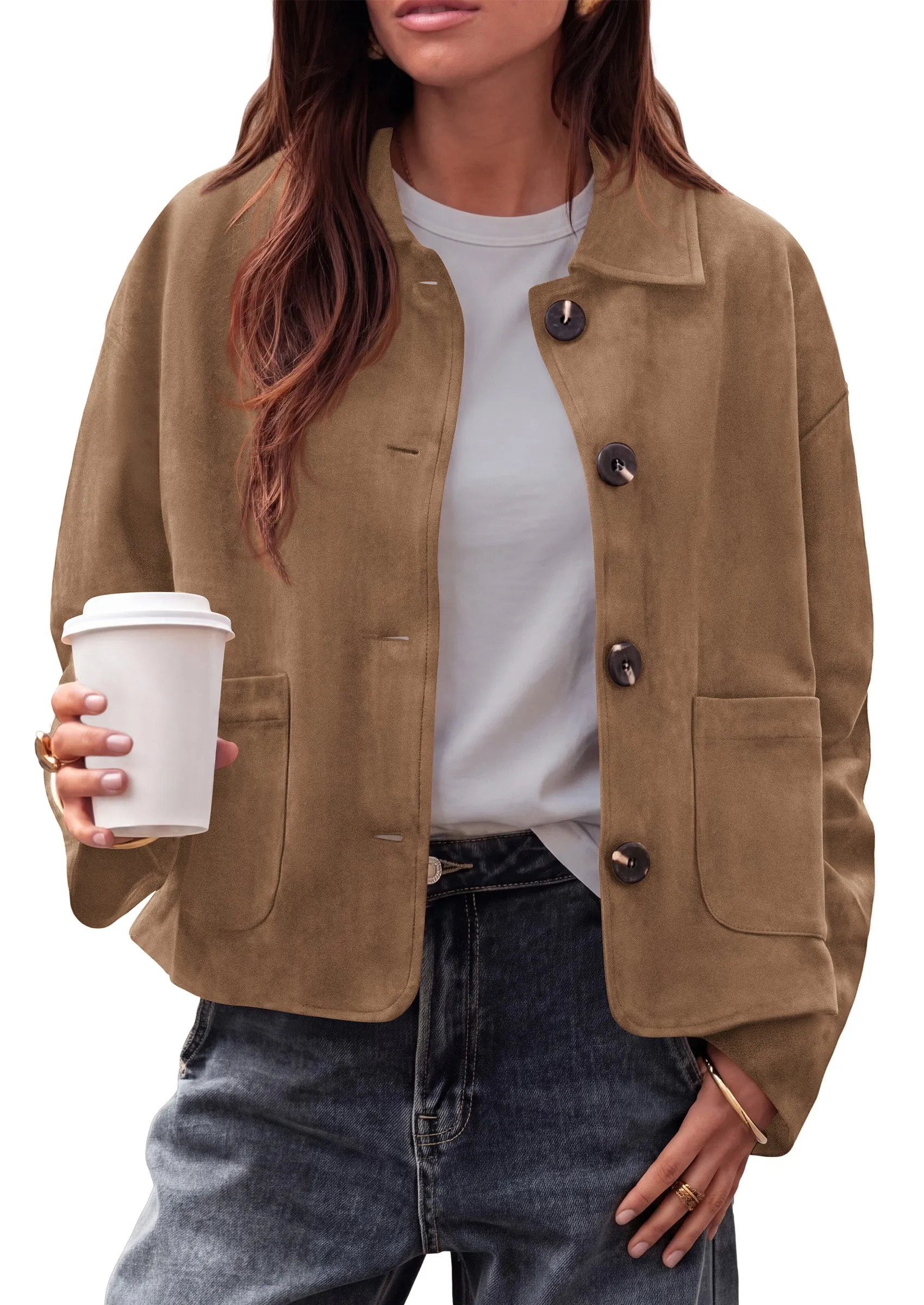 PRETTYGARDEN Faux Suede Casual Cropped Fall Jacket for Women Trendy 2026 Casual Coats Lightweight, Button Front Jackets with Pocket, Business Work Teacher Outfits, Winter Clothes sold by PrettyGarden product image thumbnail 5