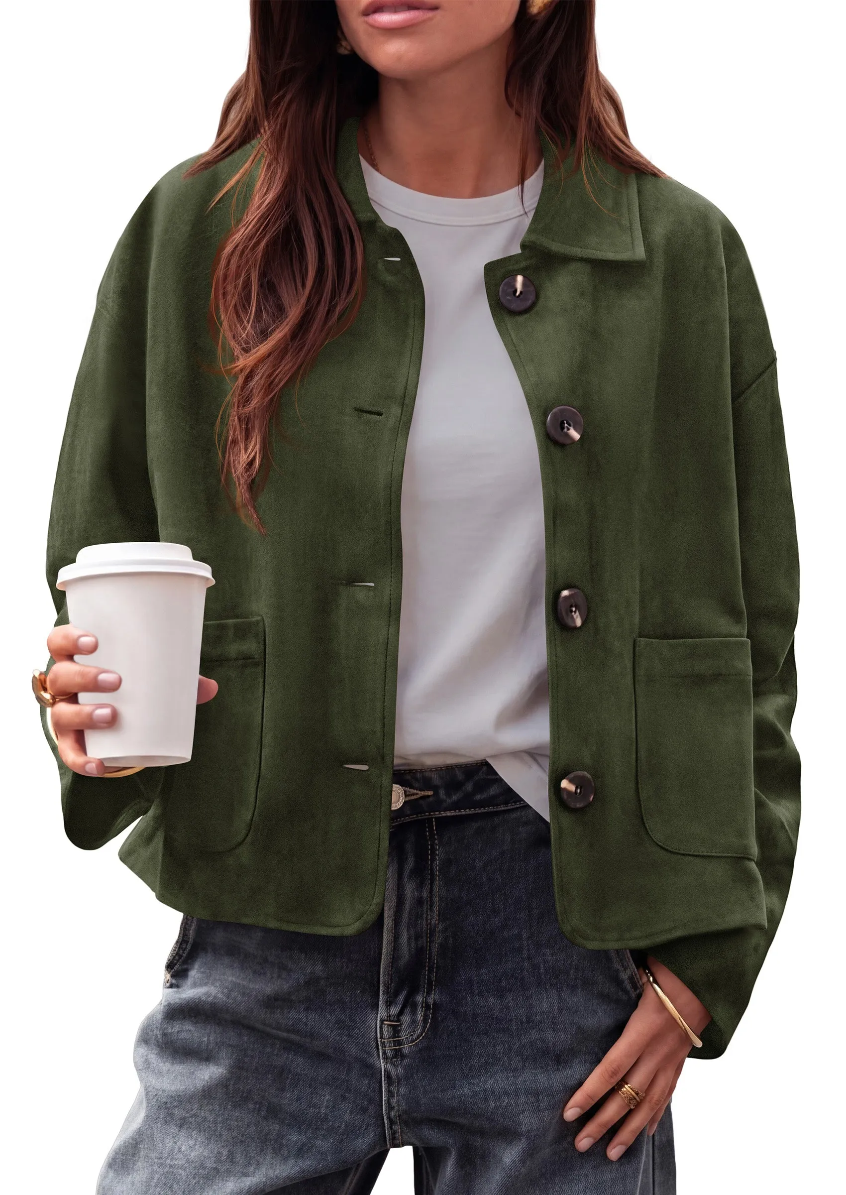 PRETTYGARDEN Faux Suede Casual Cropped Fall Jacket for Women Trendy 2026 Casual Coats Lightweight, Button Front Jackets with Pocket, Business Work Teacher Outfits, Winter Clothes sold by PrettyGarden product image thumbnail 2