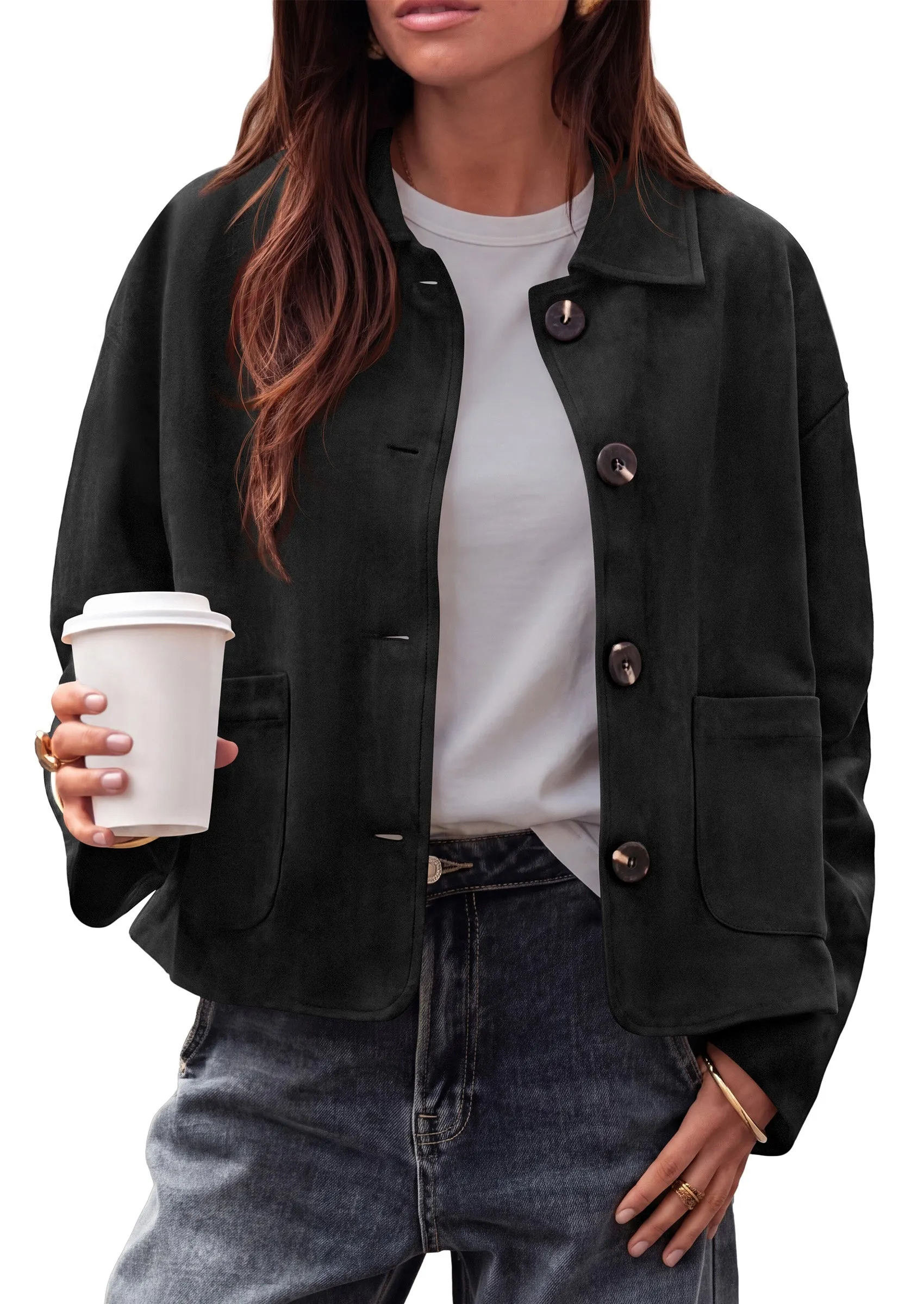 PRETTYGARDEN Faux Suede Casual Cropped Fall Jacket for Women Trendy 2026 Casual Coats Lightweight, Button Front Jackets with Pocket, Business Work Teacher Outfits, Winter Clothes sold by PrettyGarden product image thumbnail 3