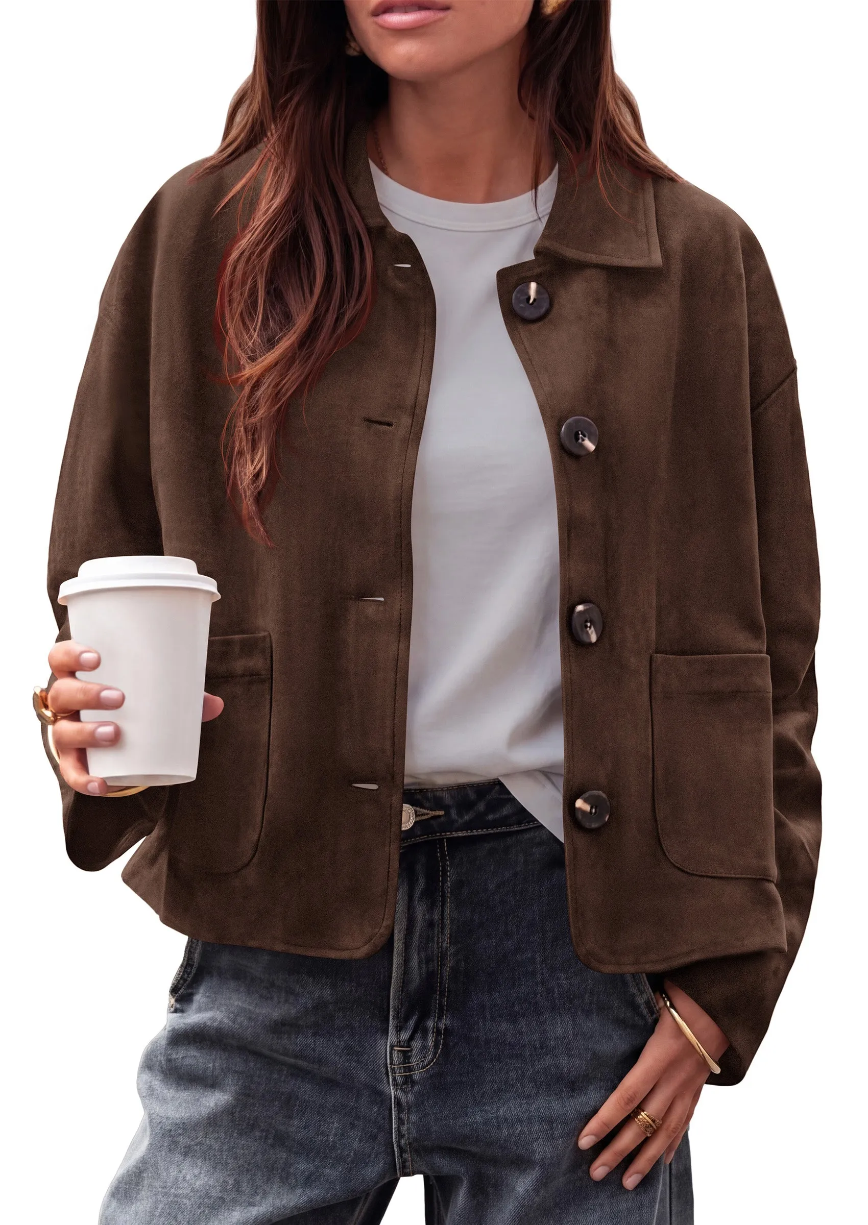 PRETTYGARDEN Faux Suede Casual Cropped Fall Jacket for Women Trendy 2026 Casual Coats Lightweight, Button Front Jackets with Pocket, Business Work Teacher Outfits, Winter Clothes sold by PrettyGarden product image thumbnail 4