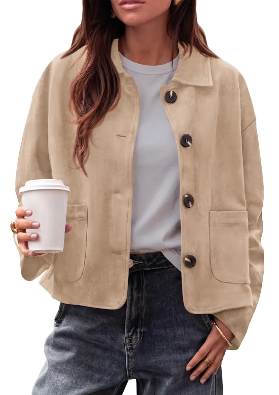 PRETTYGARDEN Faux Suede Casual Cropped Fall Jacket for Women Trendy 2026 Casual Coats Lightweight, Button Front Jackets with Pocket, Business Work Teacher Outfits, Winter Clothes made by PrettyGarden