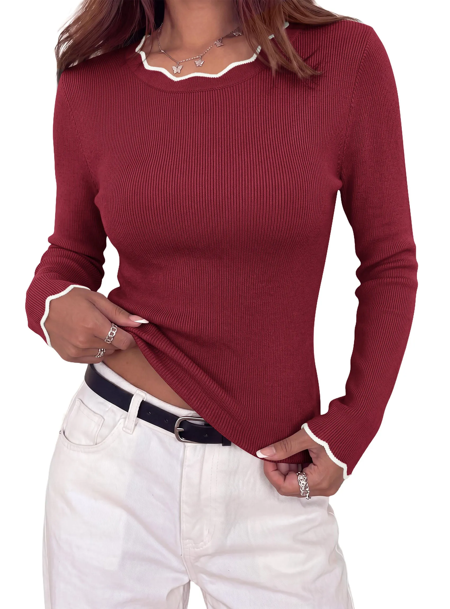 PRETTYGARDEN Women's Long Sleeve Ribbed Knit Pullover Sweaters | Contrast Trim, Going Out Tops, Soft Stretch Fabric, Slim Fitted, Scallop Edge, Casual Fall Outfits, Layering Winter Clothing sold by PrettyGarden product image thumbnail 3