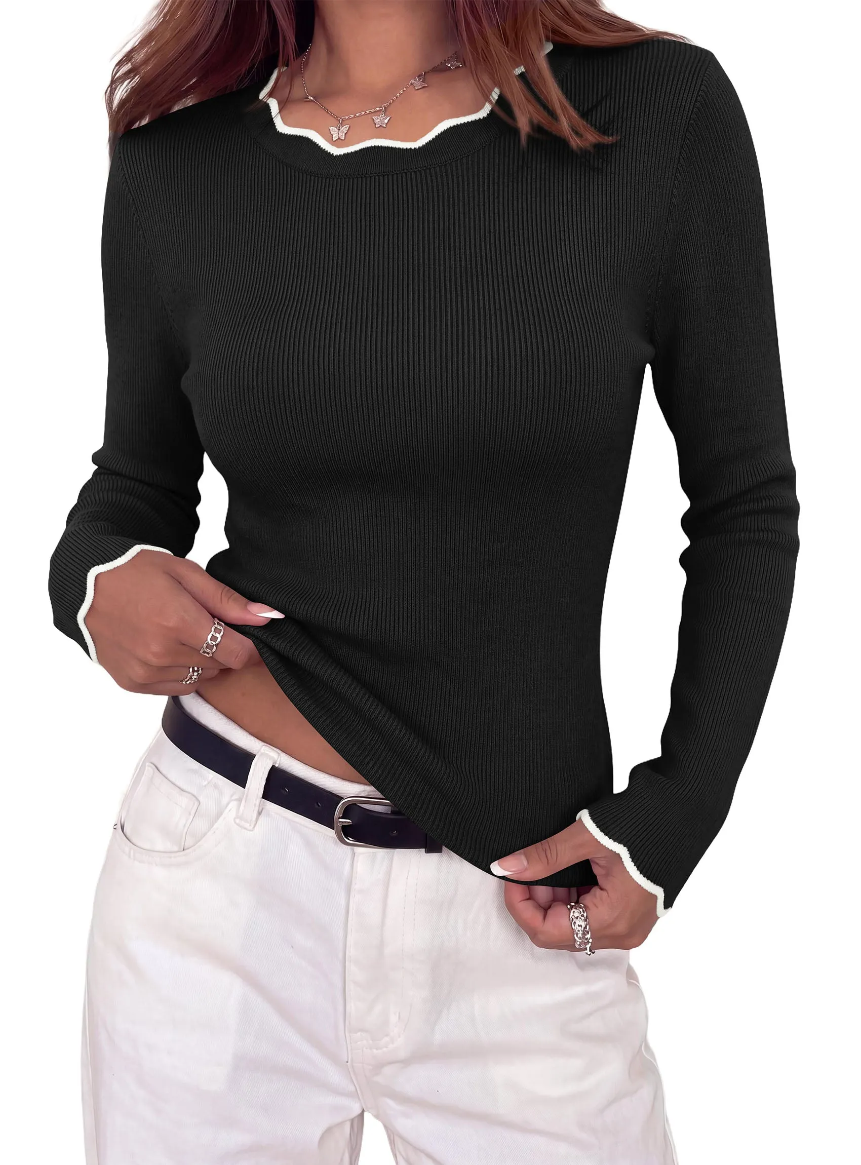 PRETTYGARDEN Women's Long Sleeve Ribbed Knit Pullover Sweaters | Contrast Trim, Going Out Tops, Soft Stretch Fabric, Slim Fitted, Scallop Edge, Casual Fall Outfits, Layering Winter Clothing sold by PrettyGarden