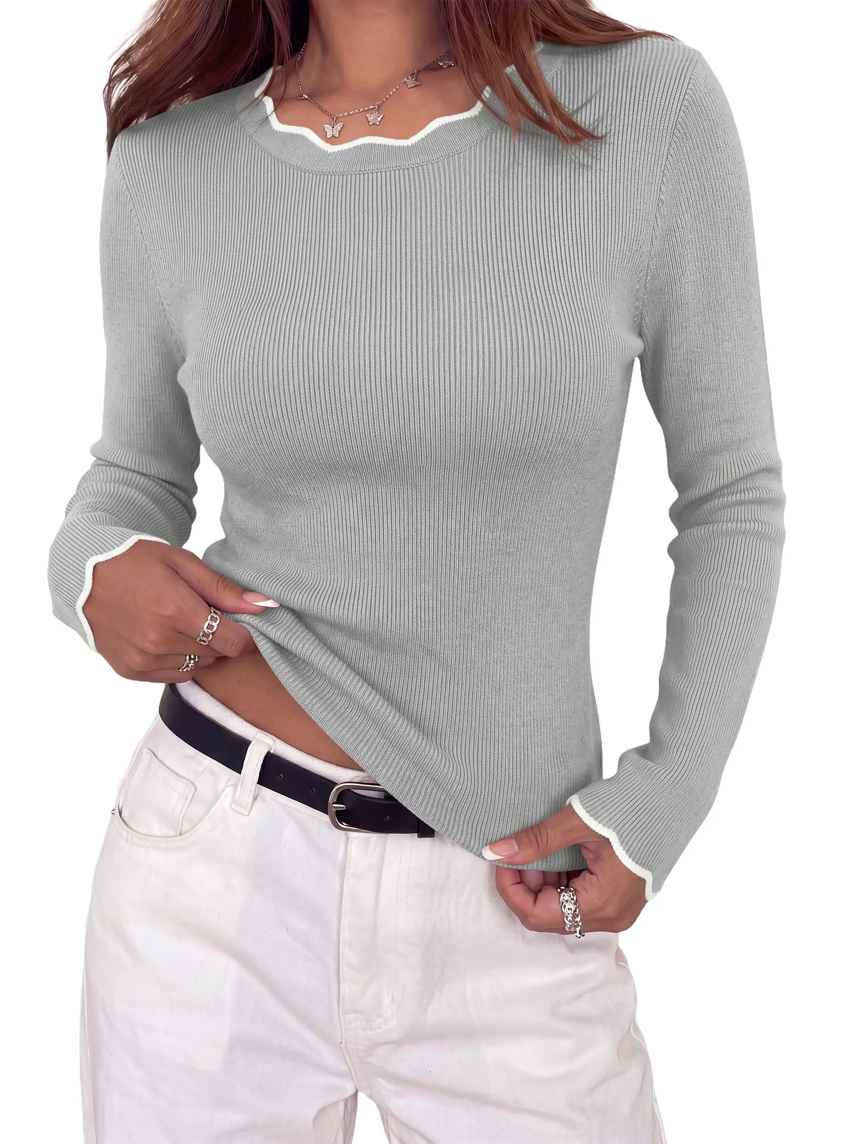 PRETTYGARDEN Women's Long Sleeve Ribbed Knit Pullover Sweaters | Contrast Trim, Going Out Tops, Soft Stretch Fabric, Slim Fitted, Scallop Edge, Casual Fall Outfits, Layering Winter Clothing sold by PrettyGarden product image thumbnail 5