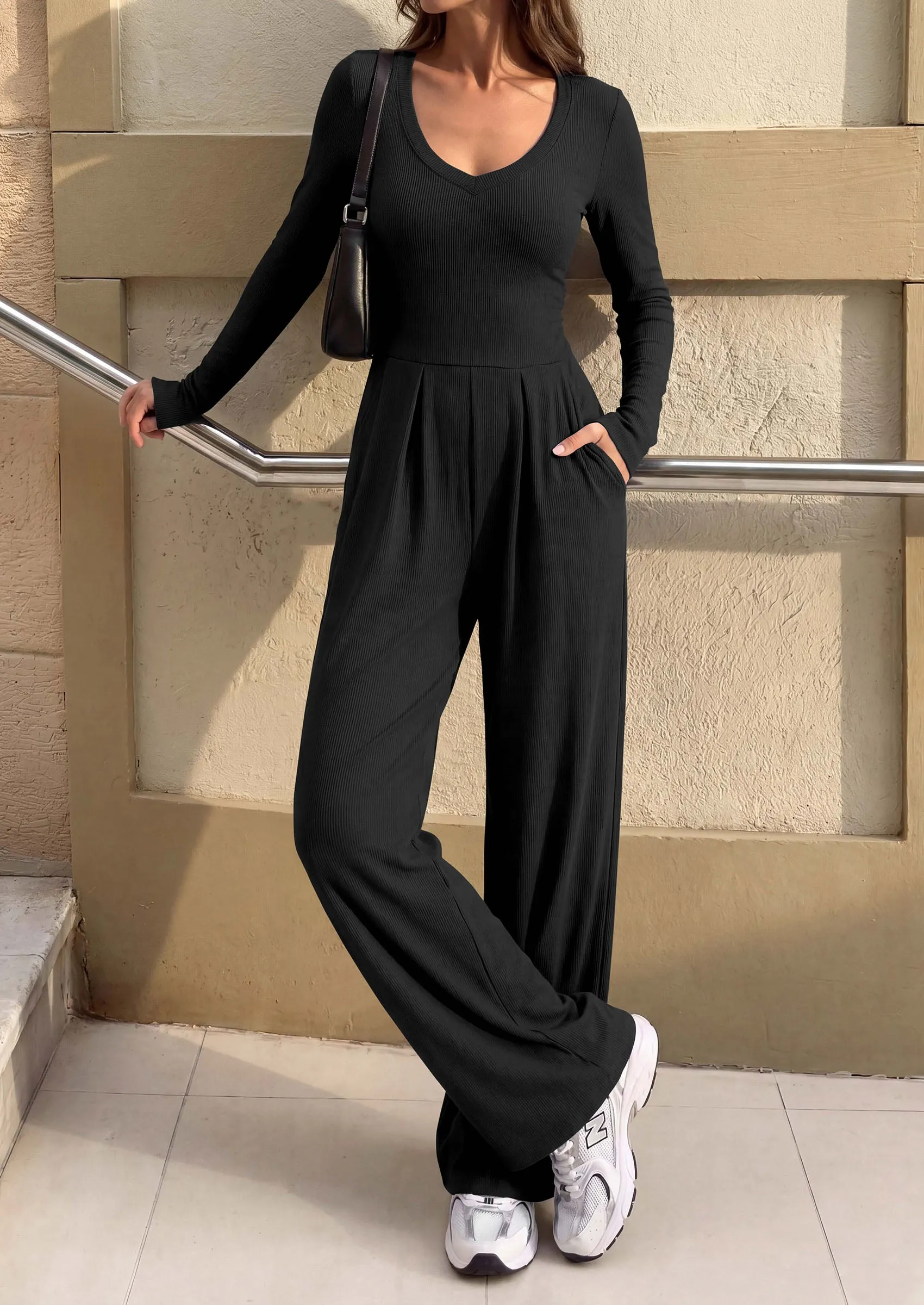 PRETTYGARDEN Womens Fall One Piece Long Sleeve Jumpsuit | Stretchy Ribbed Knit, Fashion Deep V Neck, Wide Leg Romper with Pockets, Work Business Casual Outfits, Trendy Winter Clothes sold by PrettyGarden product image thumbnail 2