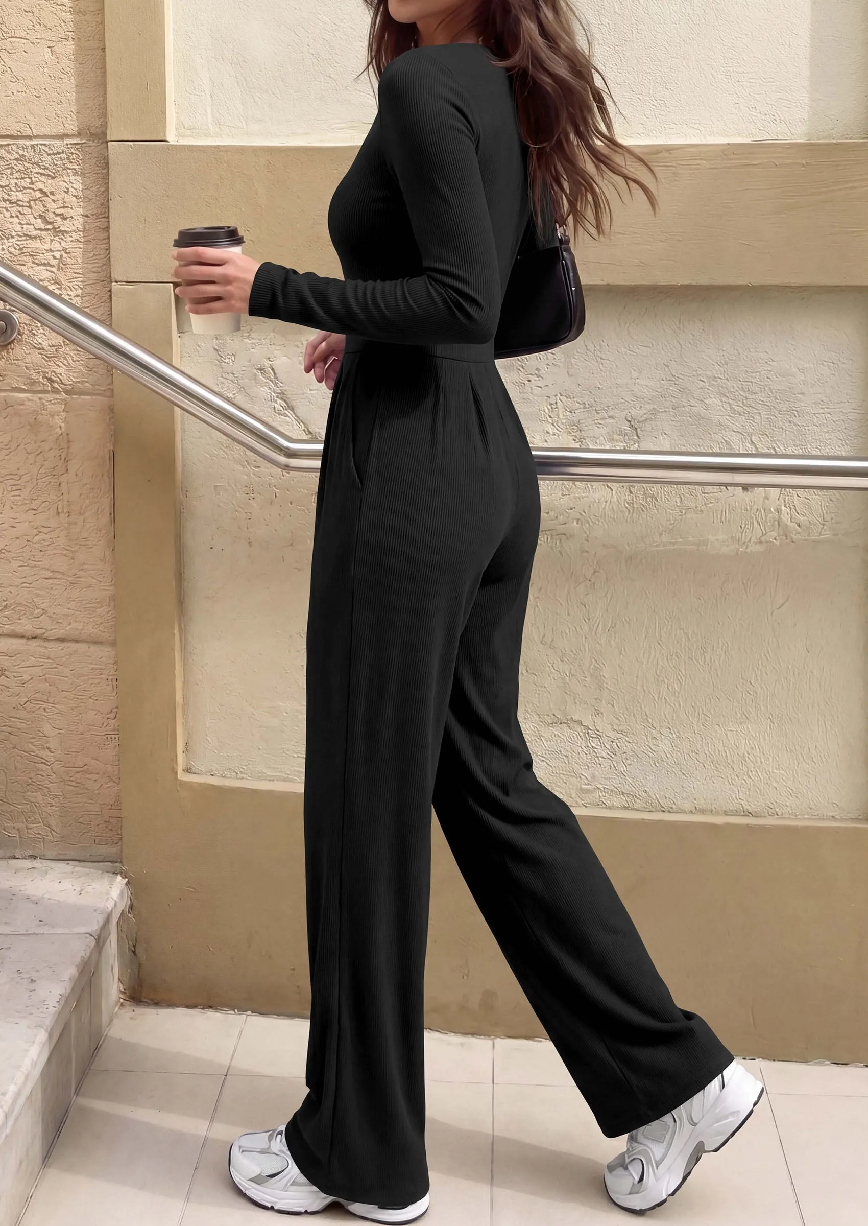PRETTYGARDEN Womens Fall One Piece Long Sleeve Jumpsuit | Stretchy Ribbed Knit, Fashion Deep V Neck, Wide Leg Romper with Pockets, Work Business Casual Outfits, Trendy Winter Clothes sold by PrettyGarden product image thumbnail 4