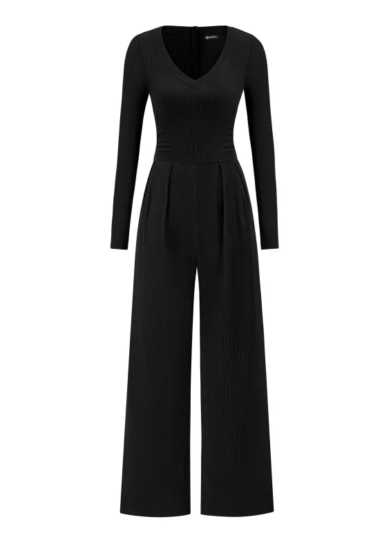 PRETTYGARDEN Womens Fall One Piece Long Sleeve Jumpsuit | Stretchy Ribbed Knit, Fashion Deep V Neck, Wide Leg Romper with Pockets, Work Business Casual Outfits, Trendy Winter Clothes made by PrettyGarden
