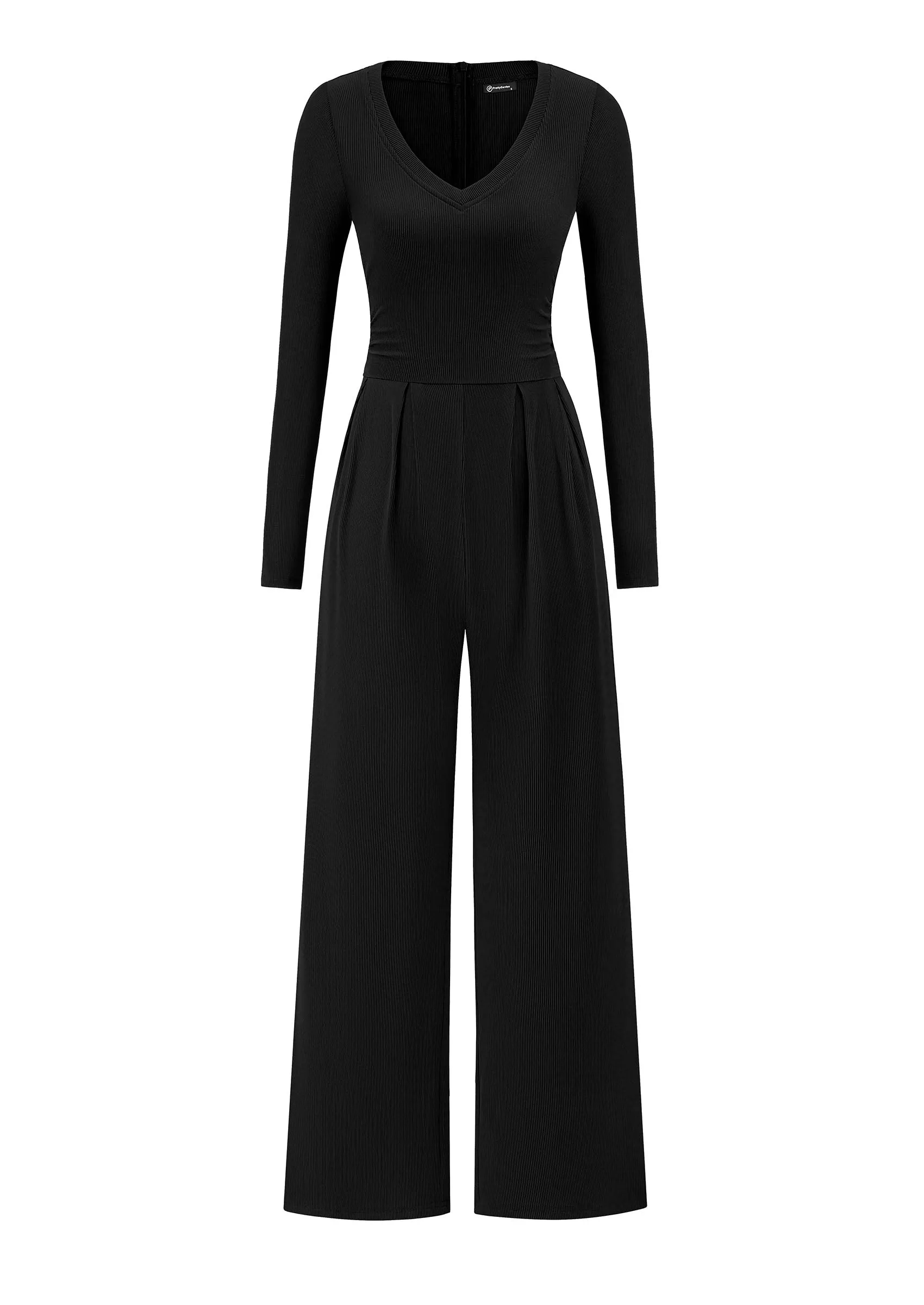 PRETTYGARDEN Womens Fall One Piece Long Sleeve Jumpsuit | Stretchy Ribbed Knit, Fashion Deep V Neck, Wide Leg Romper with Pockets, Work Business Casual Outfits, Trendy Winter Clothes sold by PrettyGarden