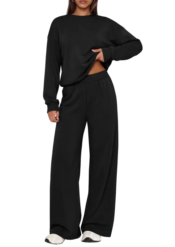 PRETTYGARDEN 2 Piece Lounge Sets for Women Casual Sweatsuits | Soft Stretchy,Drop Shoulder Crew Neck Sweatshirt & Wide Leg Pants,Workout Airport Matching Set Tracksuit,Fall Winter Outfits made by PrettyGarden