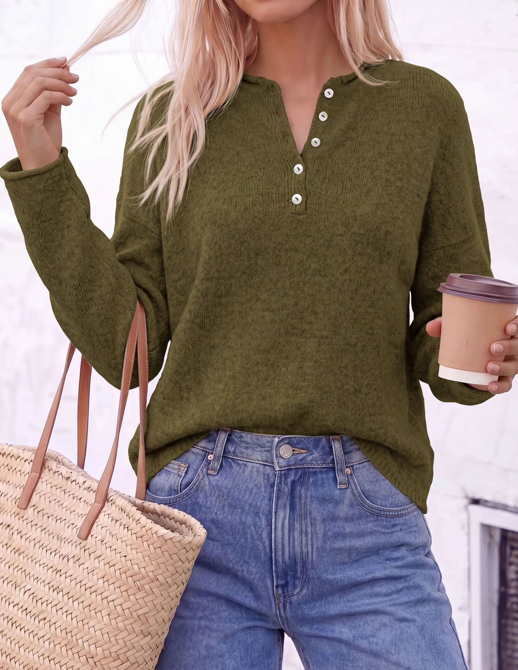 PRETTYGARDEN Women's Fall Button Up Cozy Pullover Sweaters | Stretchy Soft Knit, Drop Shoulder Long Sleeve Tops, Henley Crewneck Rolled Edge, Dressy Casual Blouses, Trendy Winter Clothes sold by PrettyGarden product image thumbnail 3