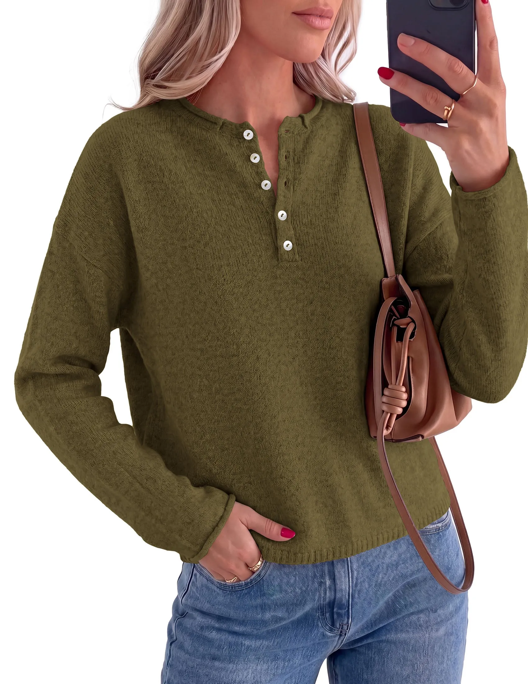 PRETTYGARDEN Women's Fall Button Up Cozy Pullover Sweaters | Stretchy Soft Knit, Drop Shoulder Long Sleeve Tops, Henley Crewneck Rolled Edge, Dressy Casual Blouses, Trendy Winter Clothes sold by PrettyGarden