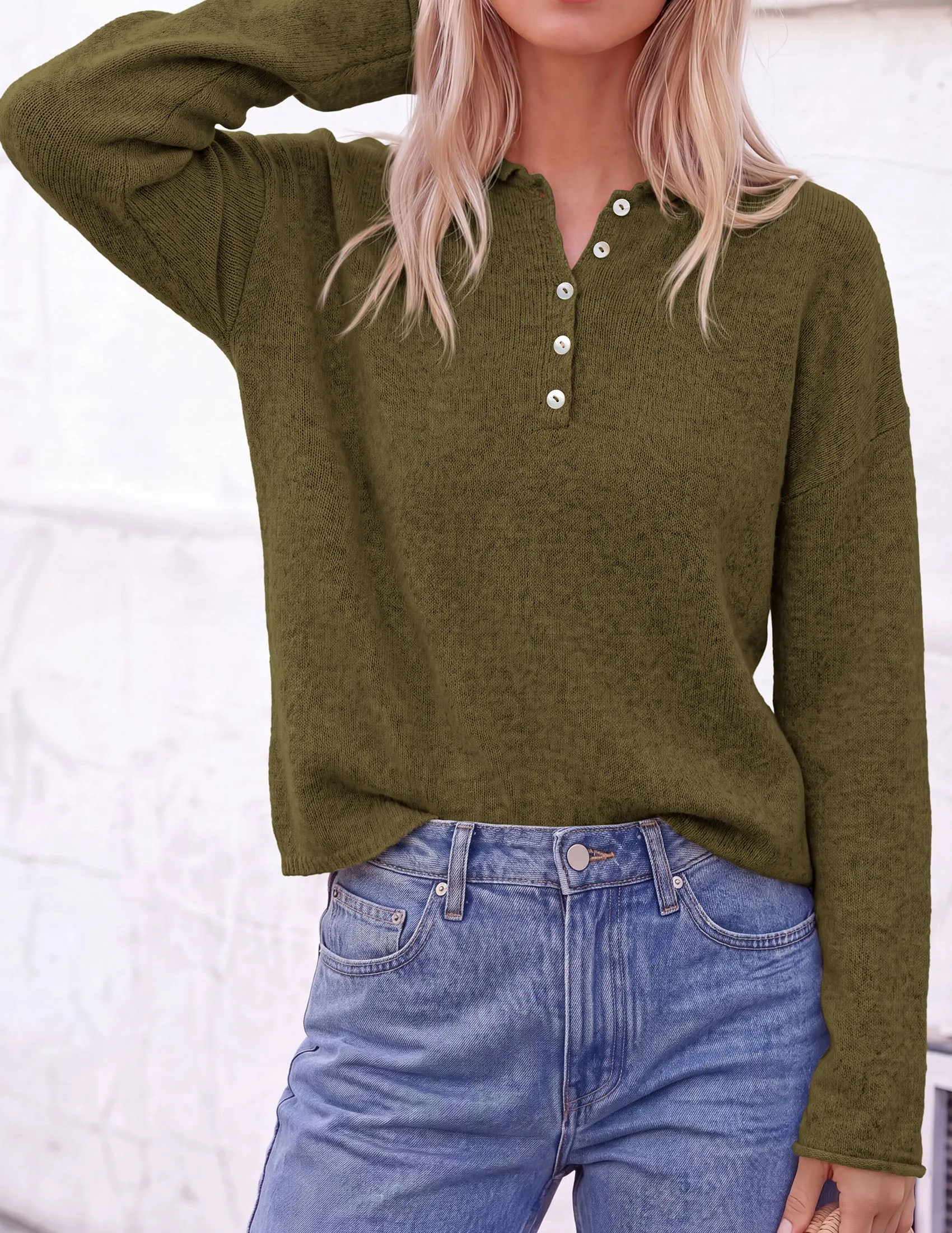 PRETTYGARDEN Women's Fall Button Up Cozy Pullover Sweaters | Stretchy Soft Knit, Drop Shoulder Long Sleeve Tops, Henley Crewneck Rolled Edge, Dressy Casual Blouses, Trendy Winter Clothes sold by PrettyGarden product image thumbnail 5