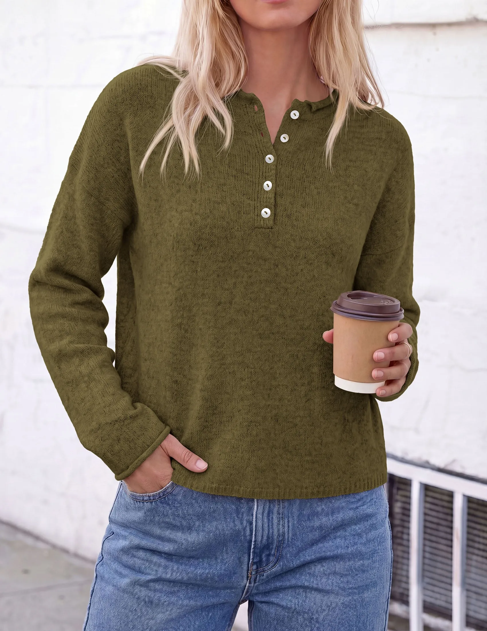 PRETTYGARDEN Women's Fall Button Up Cozy Pullover Sweaters | Stretchy Soft Knit, Drop Shoulder Long Sleeve Tops, Henley Crewneck Rolled Edge, Dressy Casual Blouses, Trendy Winter Clothes sold by PrettyGarden product image thumbnail 2