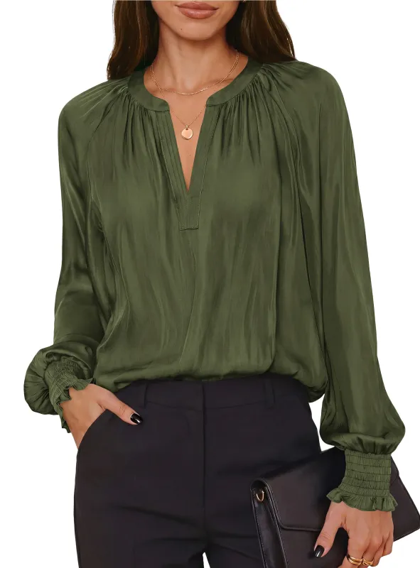 PRETTYGARDEN Women's Satin Blouses V Neck Long Sleeve Tops | Dressy Silk Shirts, Smocked Cuff, Balloon Sleeves, Smooth & Soft, Work Office Wear, Business Casual Outfits, Fall Clothes made by PrettyGarden