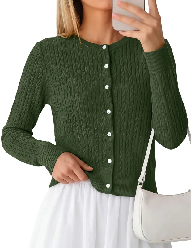 PRETTYGARDEN Women Lightweight Button Up Cardigan Sweaters | Soft Stretchy, Cozy Cable Knit, Long Sleeve Crew Neck, Trendy Cardigans, Cute Casual Outfits, Early Fall Fashion Clothing made by PrettyGarden