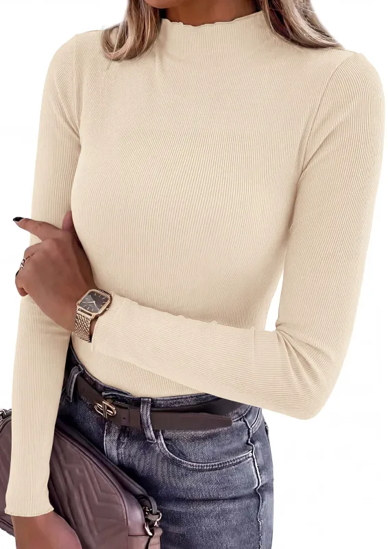 PRETTYGARDEN Women's Fall Long Sleeve Shirts Basic Tees | Soft Stretchy Ribbed Fabric, Lettuce Trim Mock Neck, Slim Fitted Cute Tops, Layering Fashion Clothing, Trendy Casual Outfits made by PrettyGarden