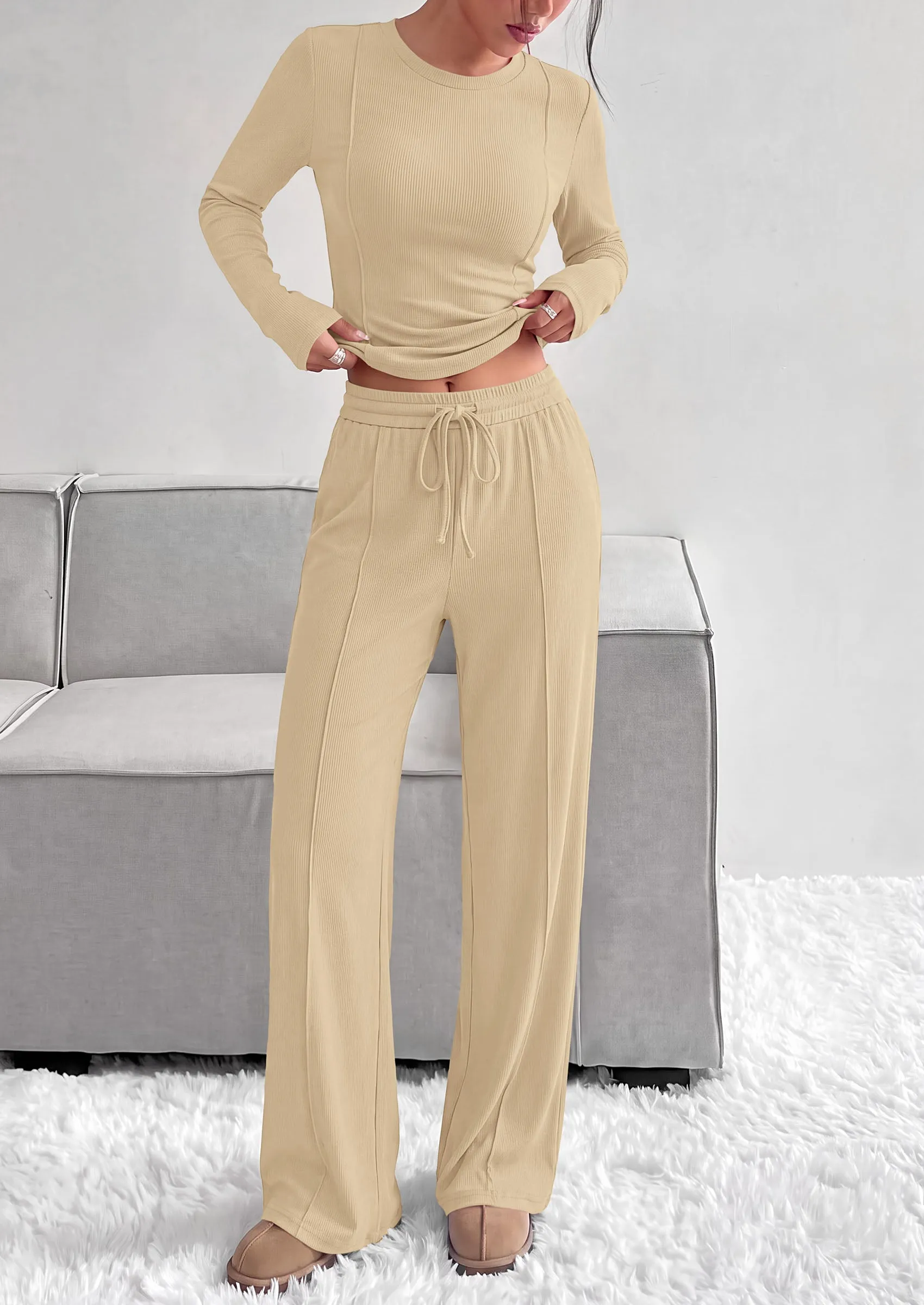 PRETTYGARDEN Womens 2 Piece Sets Long Sleeve Outfits Soft Ribbed Knit, Loose Wide Leg Fit, Crop Top Drawstring High Waist Pants Set, Casual Lounge Travel, Matching Fall Clothes sold by PrettyGarden product image thumbnail 4