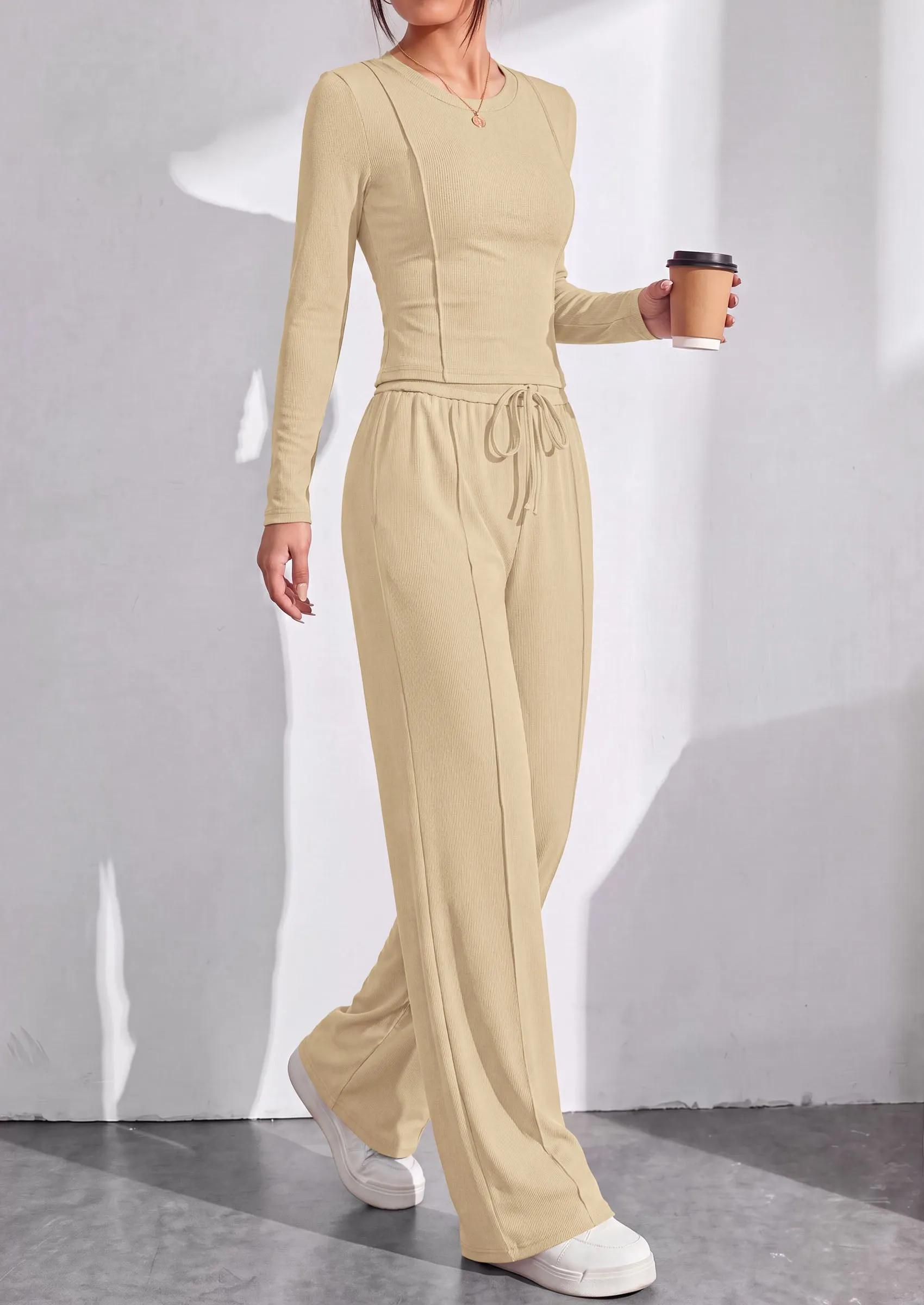PRETTYGARDEN Womens 2 Piece Sets Long Sleeve Outfits Soft Ribbed Knit, Loose Wide Leg Fit, Crop Top Drawstring High Waist Pants Set, Casual Lounge Travel, Matching Fall Clothes sold by PrettyGarden product image thumbnail 3