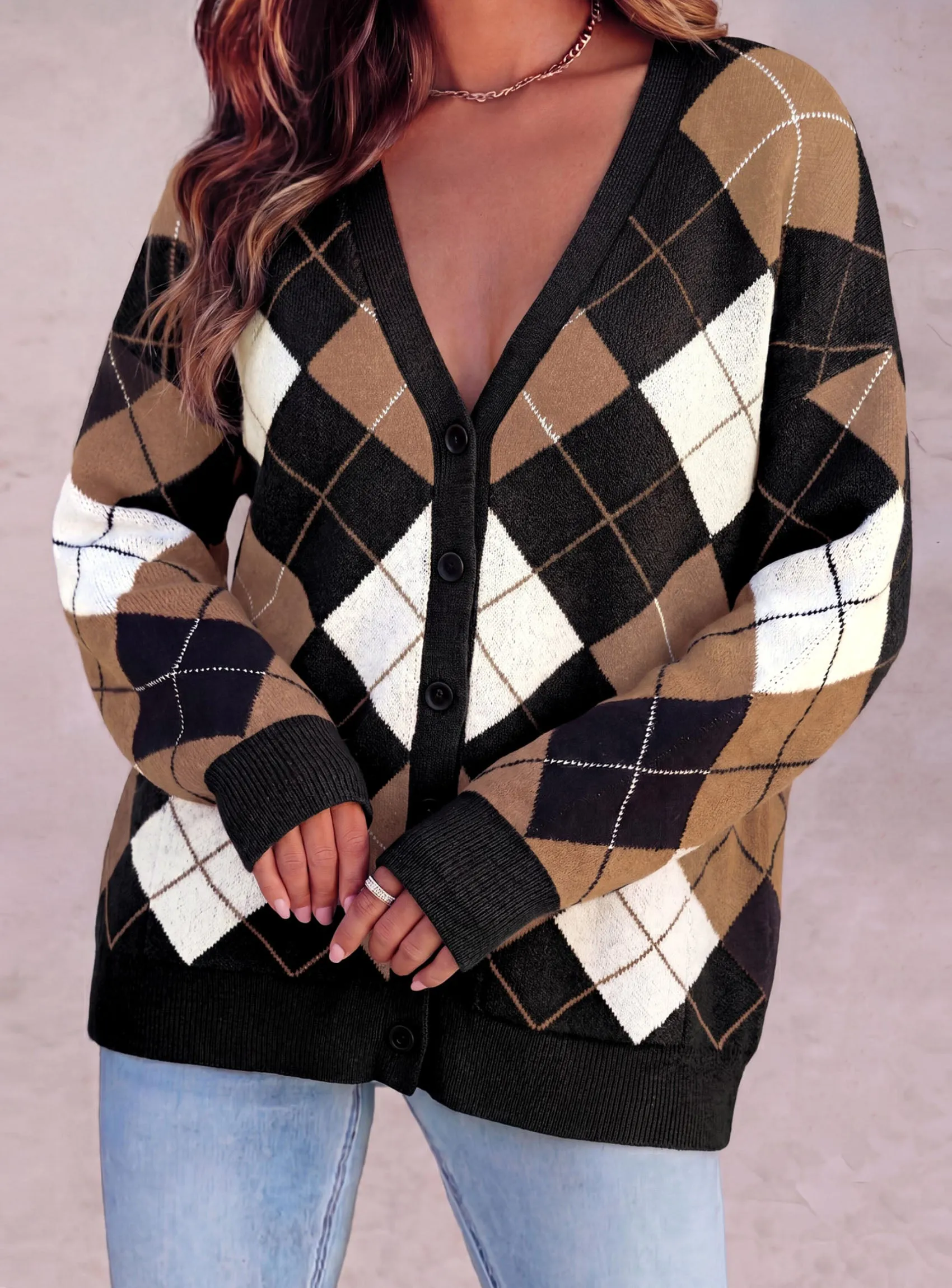 PRETTYGARDEN Women's Cardigan Argyle Winter Sweaters | Cozy Warm Chunky Knit, Long Sleeve V Neck, Color Block Plaid, Button Up Pocket,Trendy Fall Jackets, Holiday Going Out Outfits sold by PrettyGarden product image thumbnail 4
