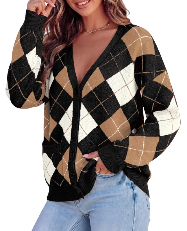 PRETTYGARDEN Women's Cardigan Argyle Winter Sweaters | Cozy Warm Chunky Knit, Long Sleeve V Neck, Color Block Plaid, Button Up Pocket,Trendy Fall Jackets, Holiday Going Out Outfits made by PrettyGarden