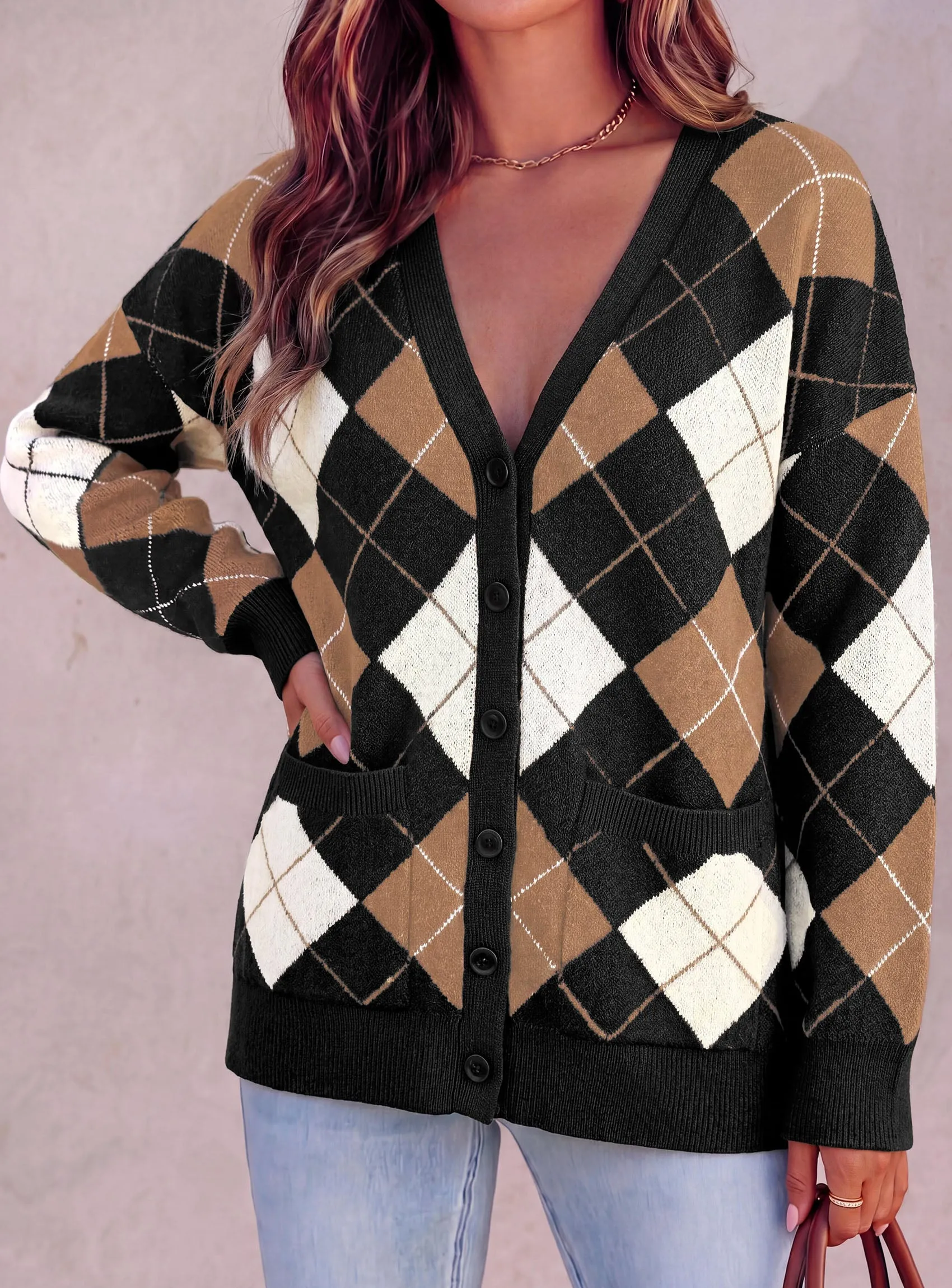 PRETTYGARDEN Women's Cardigan Argyle Winter Sweaters | Cozy Warm Chunky Knit, Long Sleeve V Neck, Color Block Plaid, Button Up Pocket,Trendy Fall Jackets, Holiday Going Out Outfits sold by PrettyGarden product image thumbnail 5