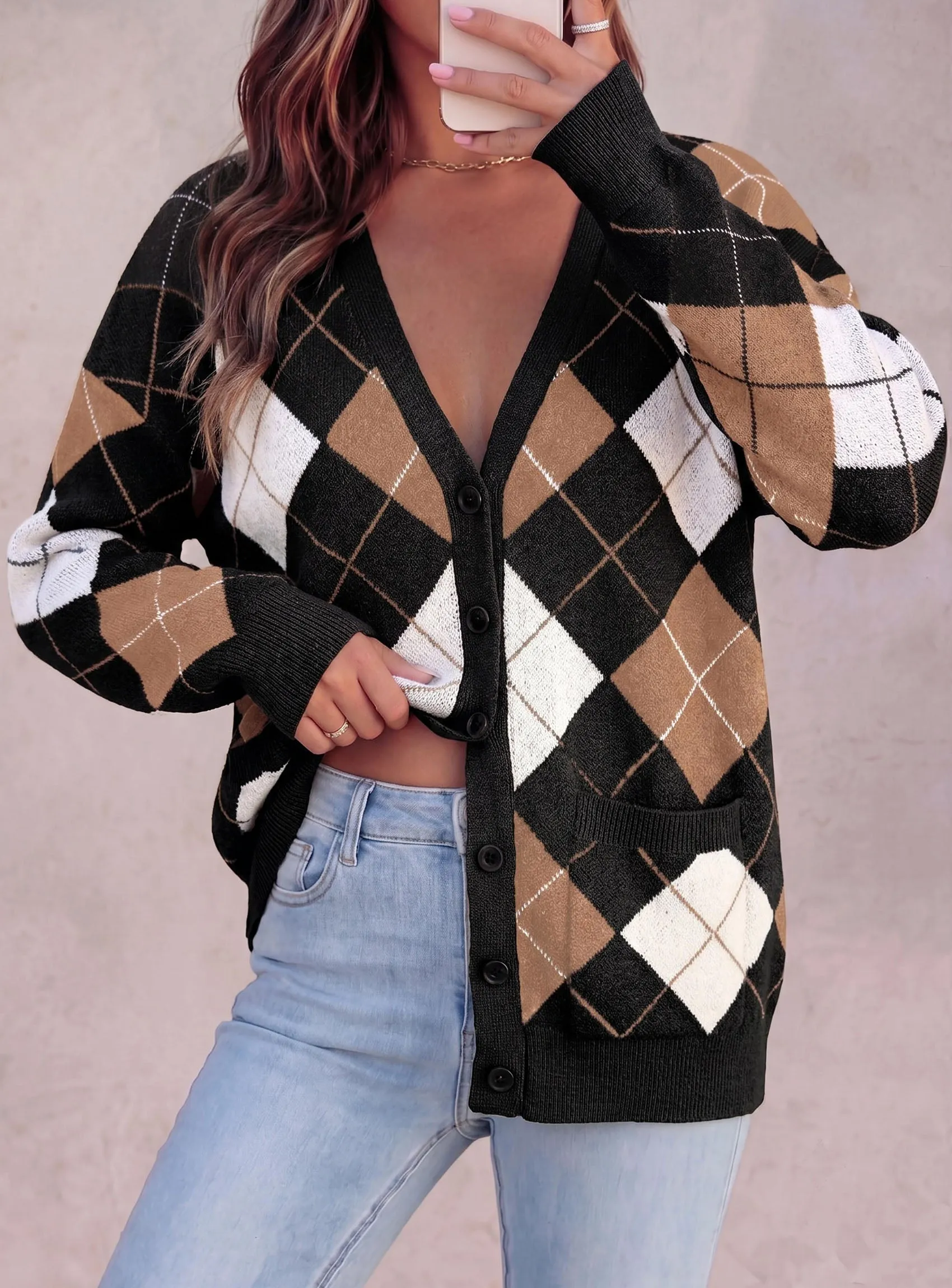 PRETTYGARDEN Women's Cardigan Argyle Winter Sweaters | Cozy Warm Chunky Knit, Long Sleeve V Neck, Color Block Plaid, Button Up Pocket,Trendy Fall Jackets, Holiday Going Out Outfits sold by PrettyGarden product image thumbnail 2