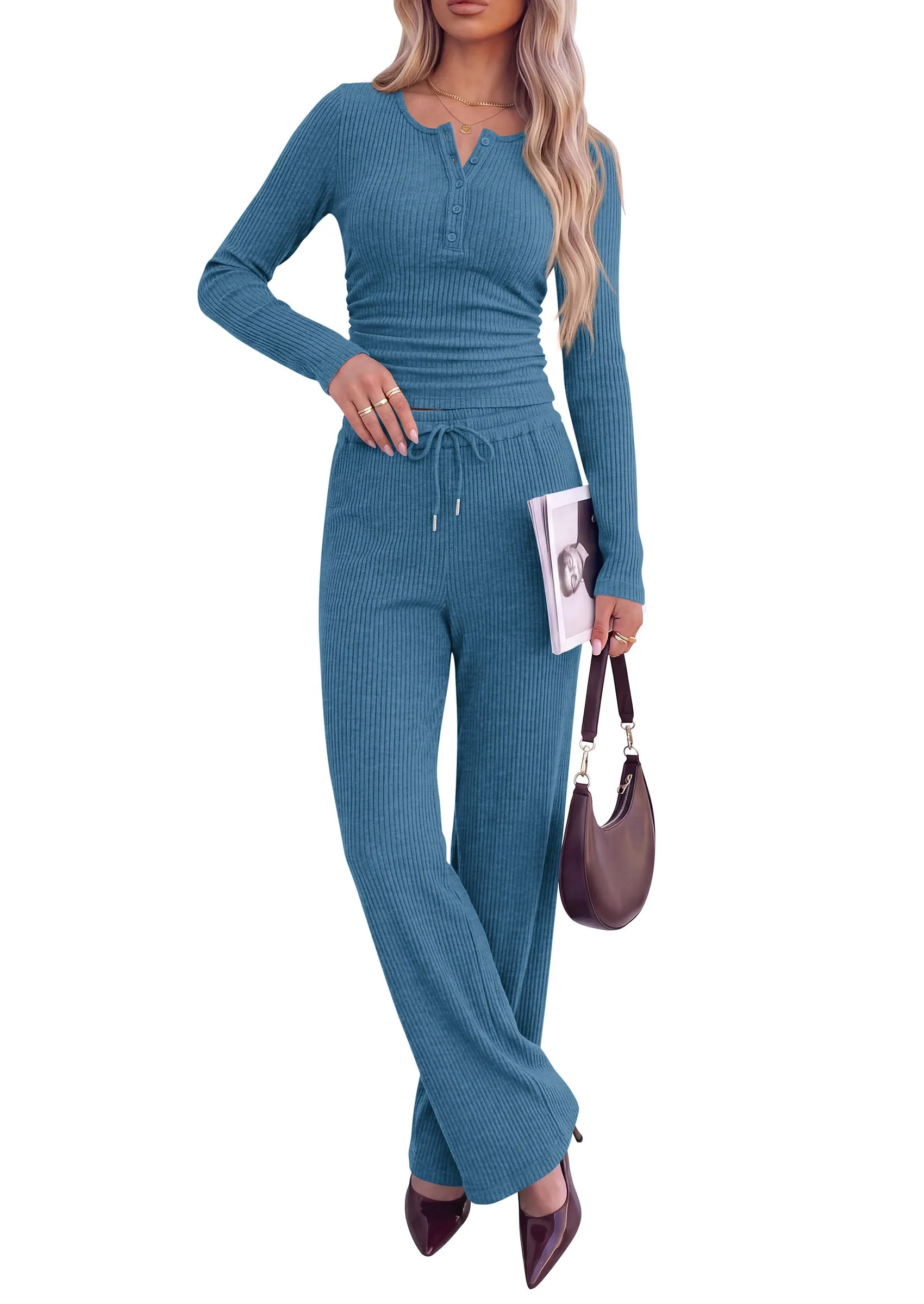 PRETTYGARDEN Two Piece Lounge Sets for Women Fall Fashion | Soft Stretchy Rib Knit,Long Sleeve Henley Tops,High Waisted Wide Leg Pants,Matching Holiday Vacation,Airport Travel Outfits sold by PrettyGarden product image thumbnail 3