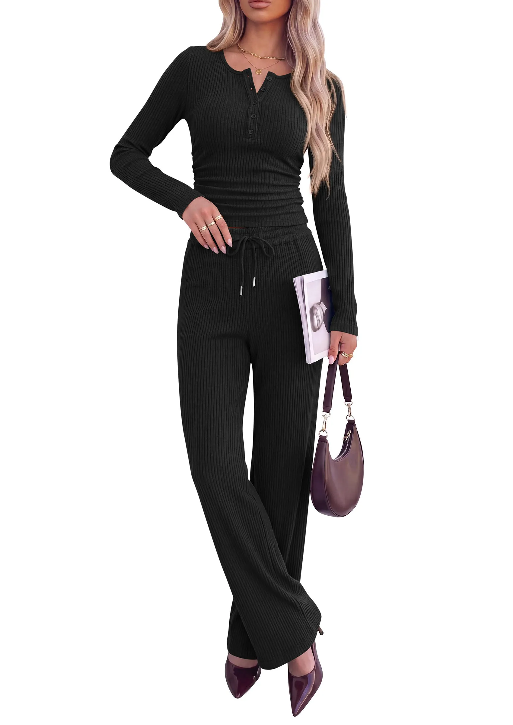 PRETTYGARDEN Two Piece Lounge Sets for Women Fall Fashion | Soft Stretchy Rib Knit,Long Sleeve Henley Tops,High Waisted Wide Leg Pants,Matching Holiday Vacation,Airport Travel Outfits sold by PrettyGarden product image thumbnail 2