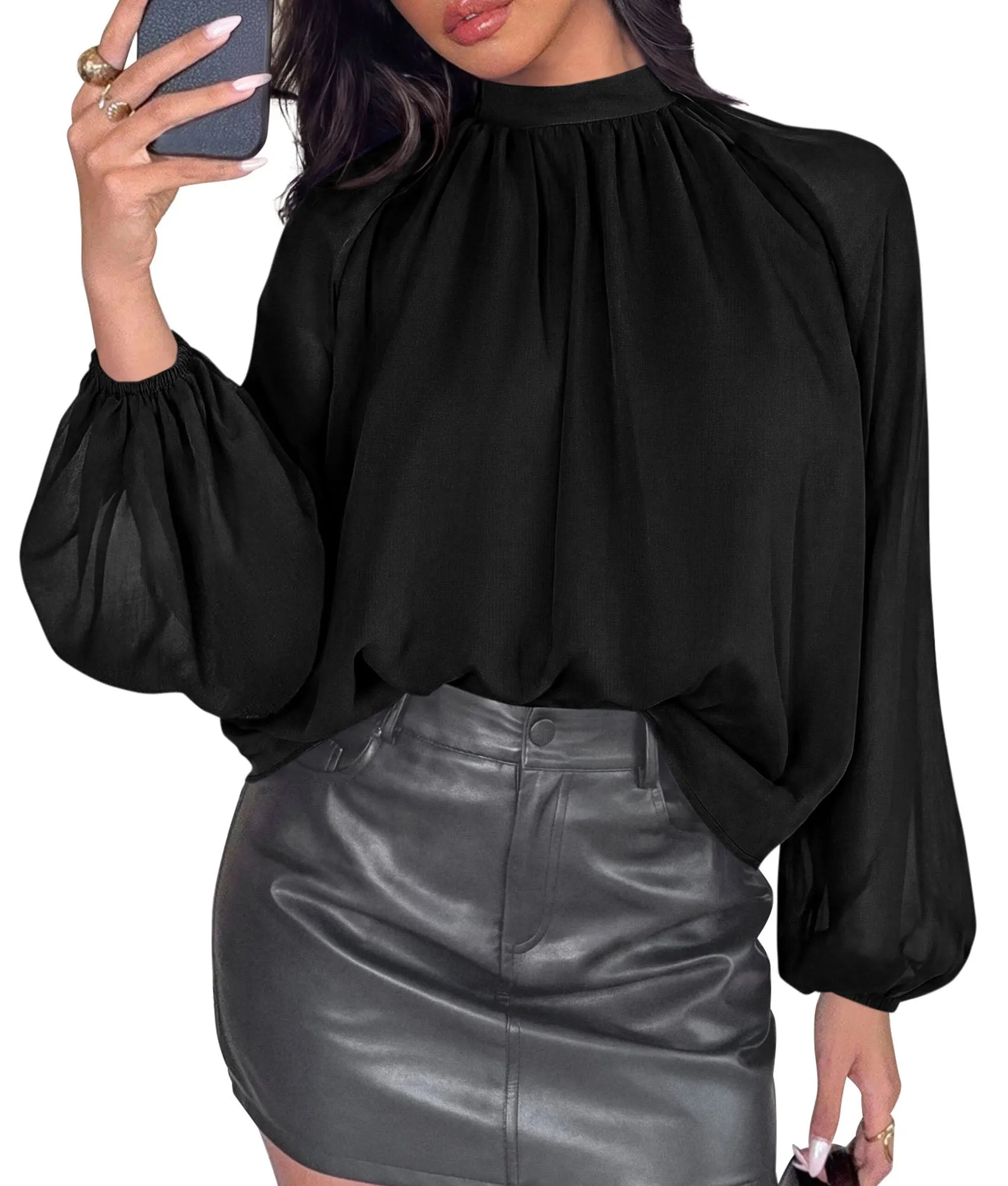 PRETTYGARDEN Womens Chiffon Blouses Dressy Casual Mock Neck Tops | Lightweight Fabric,Sheer Lantern Long Sleeve Shirts,Work Office Clothes,Daily Wear,Loose Flowy Going Out Fall Outfits sold by PrettyGarden product image thumbnail 2