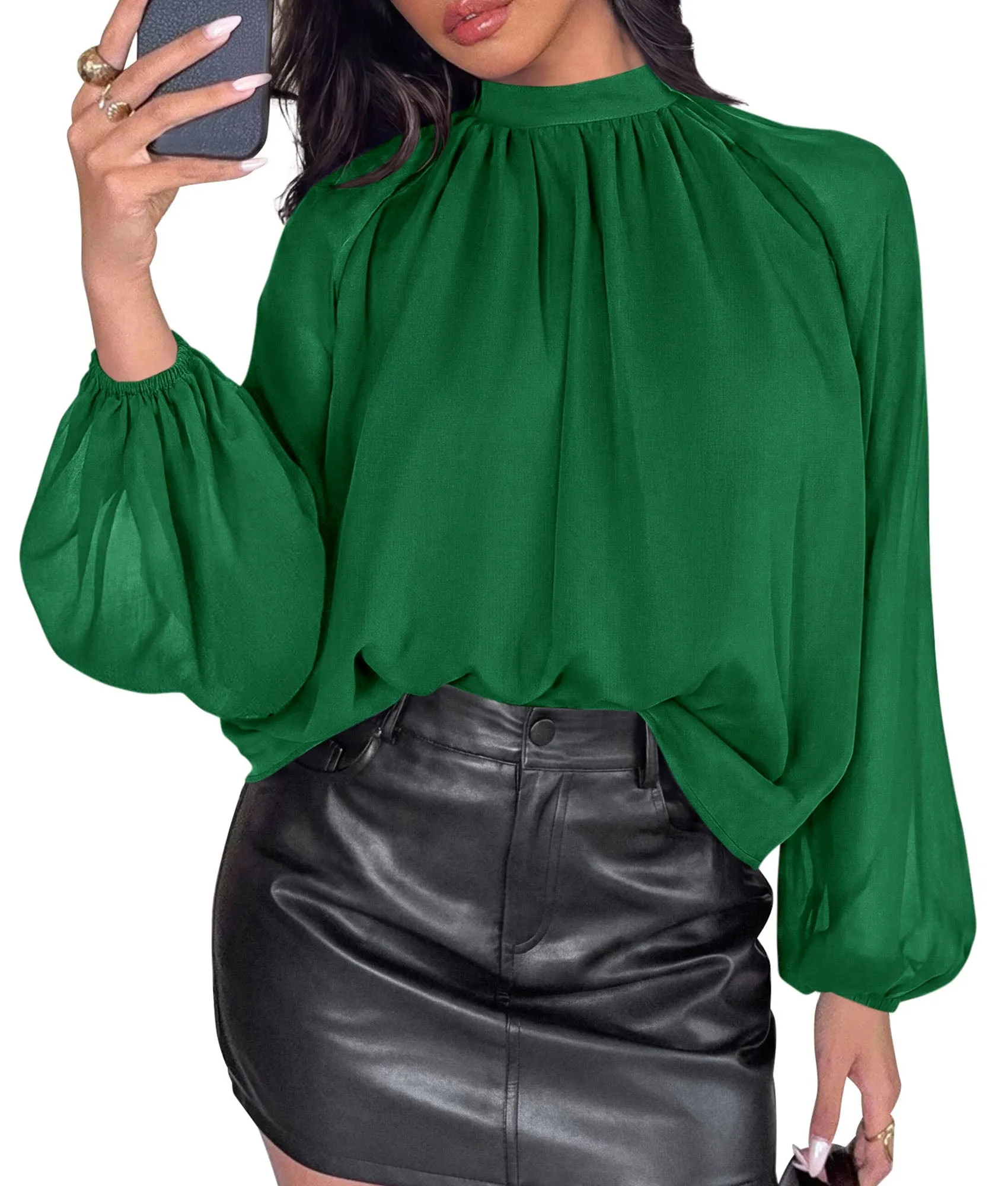 PRETTYGARDEN Womens Chiffon Blouses Dressy Casual Mock Neck Tops | Lightweight Fabric,Sheer Lantern Long Sleeve Shirts,Work Office Clothes,Daily Wear,Loose Flowy Going Out Fall Outfits sold by PrettyGarden product image thumbnail 3