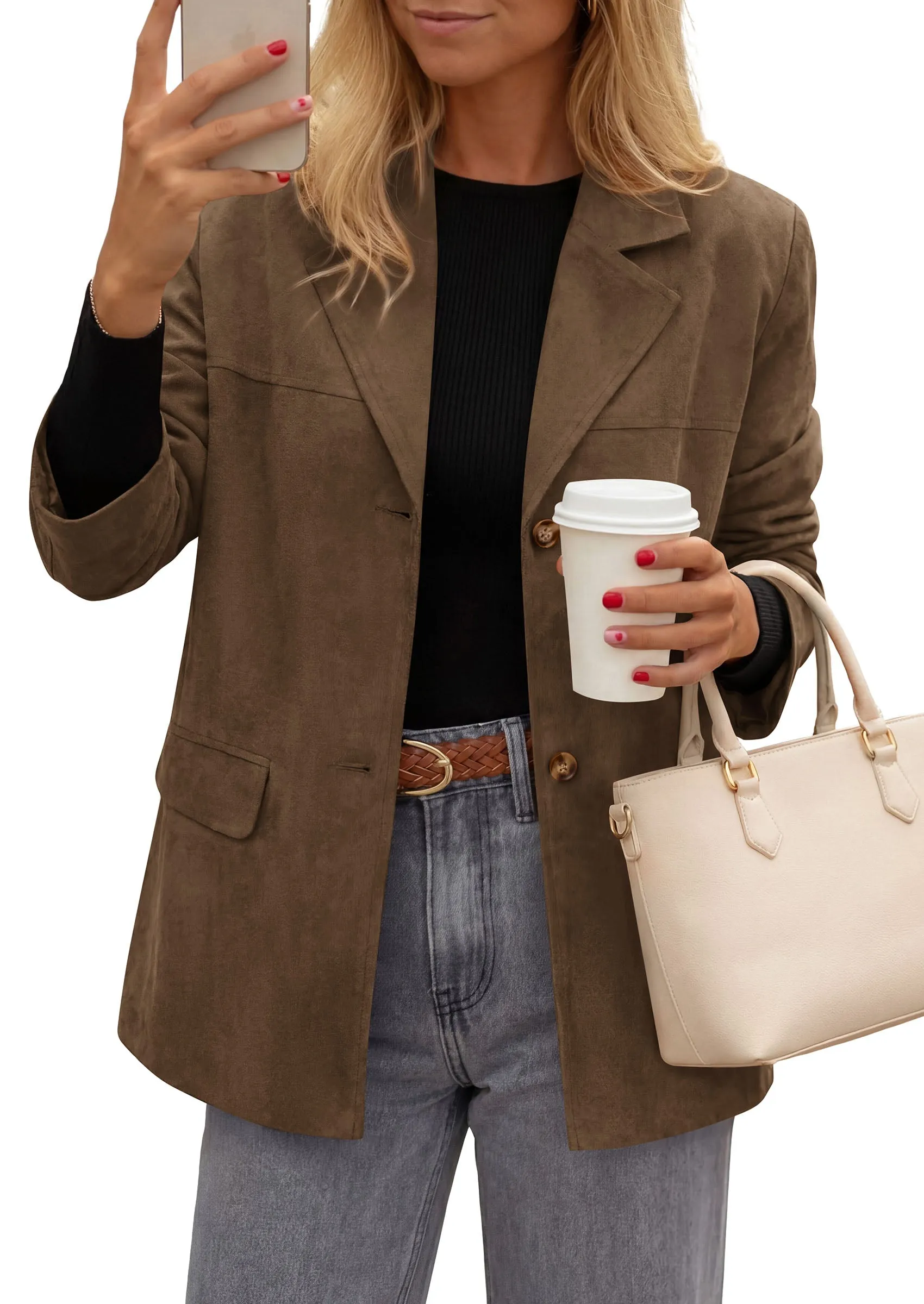 PRETTYGARDEN Women's Faux Suede Western Blazer Jacket | Notched Lapel Button Long Sleeve Oversized Business Casual Suit Jacket, Dressy Office Work Outerwear, 2026 Fall Clothing sold by PrettyGarden product image thumbnail 4