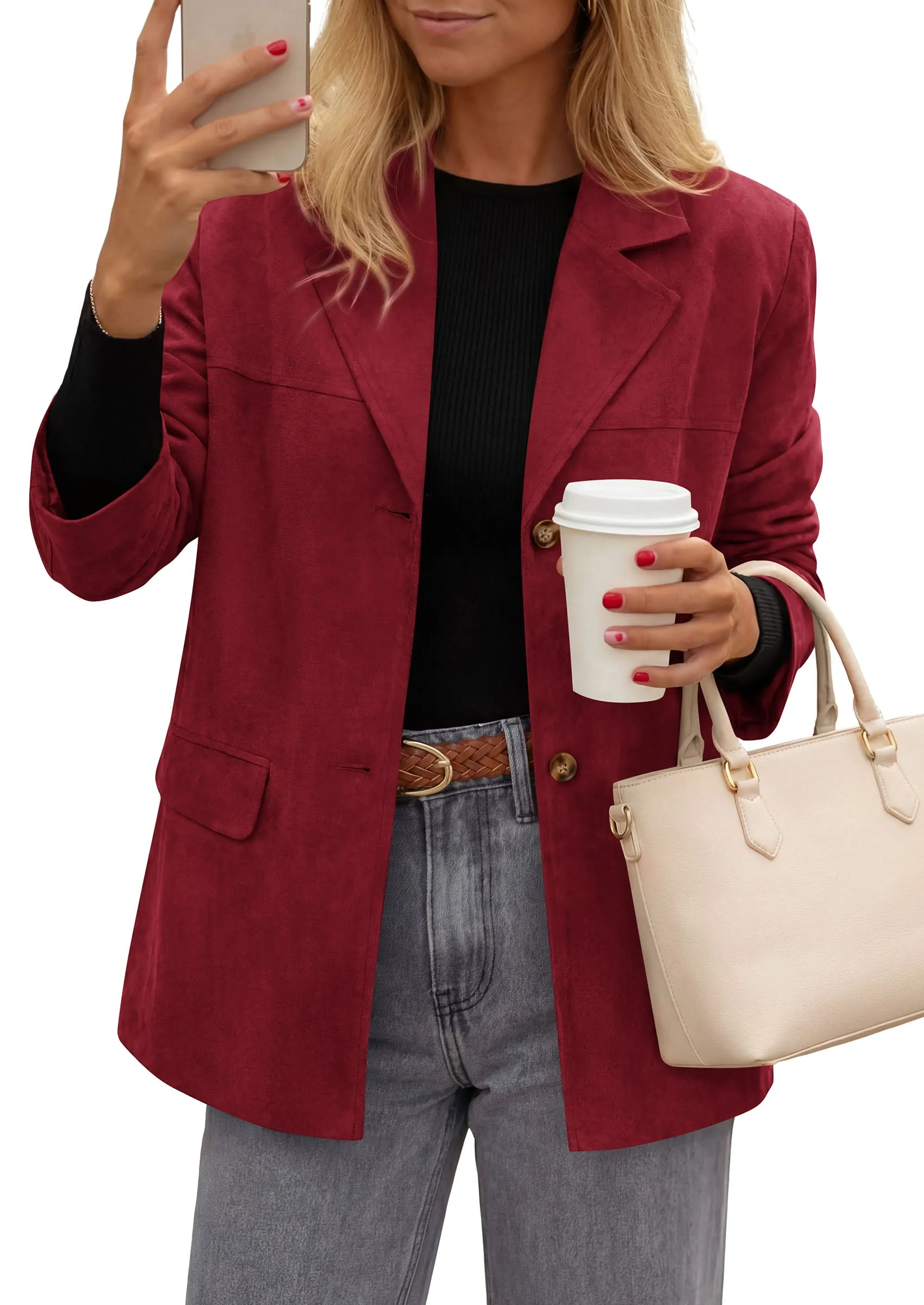 PRETTYGARDEN Women's Faux Suede Western Blazer Jacket | Notched Lapel Button Long Sleeve Oversized Business Casual Suit Jacket, Dressy Office Work Outerwear, 2026 Fall Clothing sold by PrettyGarden product image thumbnail 5