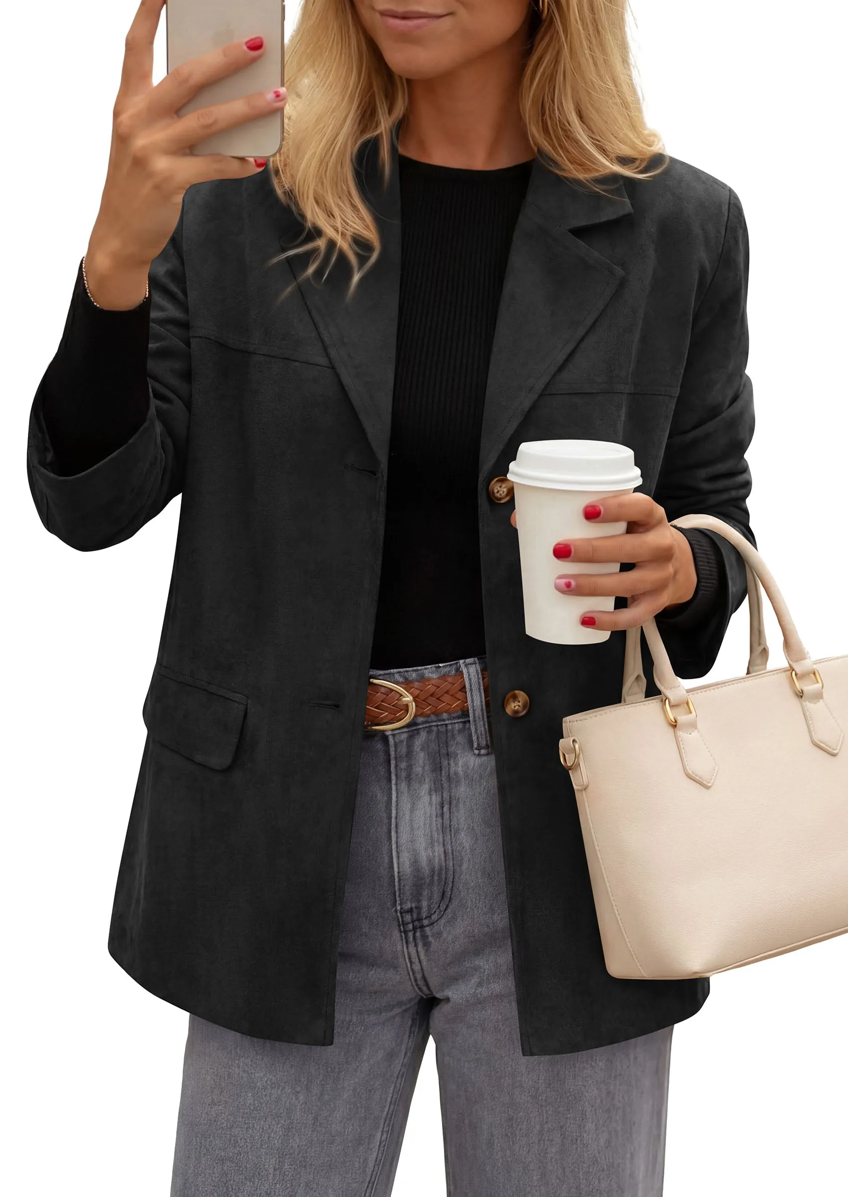 PRETTYGARDEN Women's Faux Suede Western Blazer Jacket | Notched Lapel Button Long Sleeve Oversized Business Casual Suit Jacket, Dressy Office Work Outerwear, 2026 Fall Clothing sold by PrettyGarden product image thumbnail 3