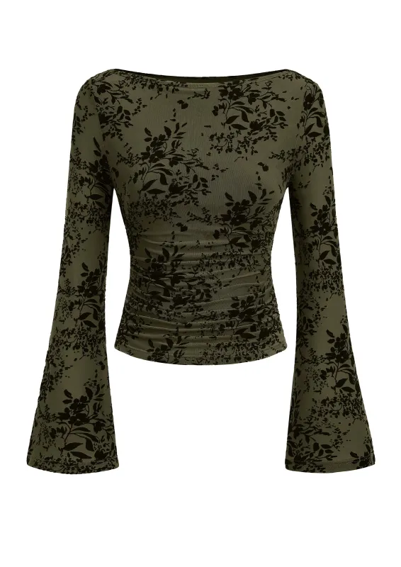 PRETTYGARDEN Women's Bell Sleeve Floral Mesh Crop Tops | Slim Fitted Shirts, Long Sleeve Going Out Top, Ruched Front, Boat Neck, Casual Blouses, Fall Date Night Outfits, Y2K Clothes made by PrettyGarden