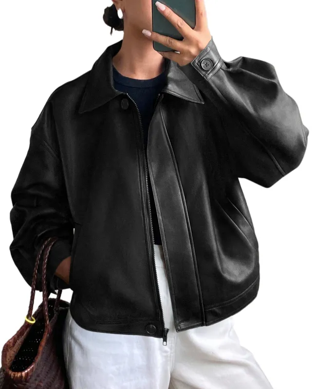 PRETTYGARDEN Women's Faux Leather Oversized Motorcycle Jackets | Fall Zip Up Jacket, Collared Neck, Button Cuff, Relaxed Fit, Long Sleeve, Casual Outerwear, Winter Coats, Fashion Clothing made by PrettyGarden