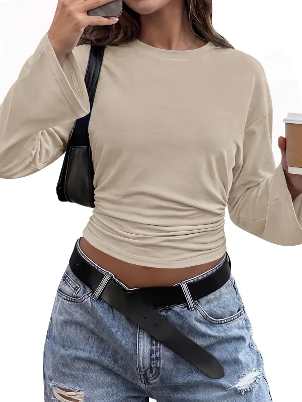 PRETTYGARDEN Womens Bell Long Sleeve Lightweight Cropped Tops Classic Crewneck Ruched Waist Tee Shirts, Casual Fitted Cute Top, Soft Basic Layering, Y2k Fall Outfits, Fashion Clothing made by PrettyGarden