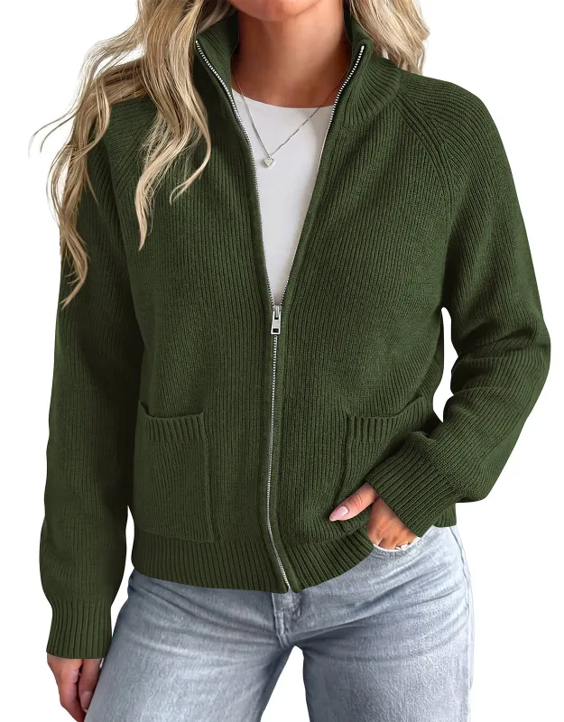 PRETTYGARDEN Womens Zip Up Cardigan Sweaters with Pockets Fall Jackets Stand Collar Long Sleeve Ribbed Knit Sweater, Chunky Loose Fit Open Front Short Cardigans, Fashion Winter Coats Outerwear made by PrettyGarden