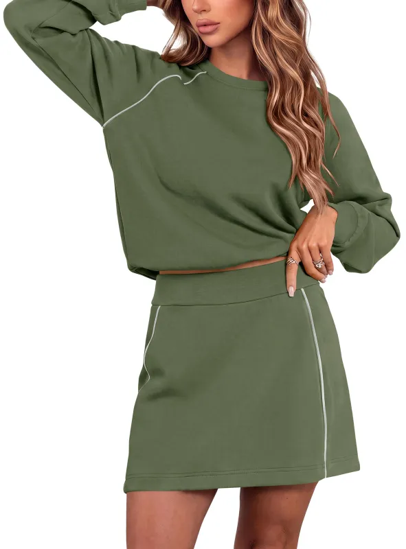 PRETTYGARDEN Women's Two Piece Outfits Matching Skirt Sets | Color Block Long Sleeve Top Sweatshirt, Mini Short Skirts, Elastic Waist Skorts Pocket, 2pc Workout Set, Fall Fashion Clothes made by PrettyGarden