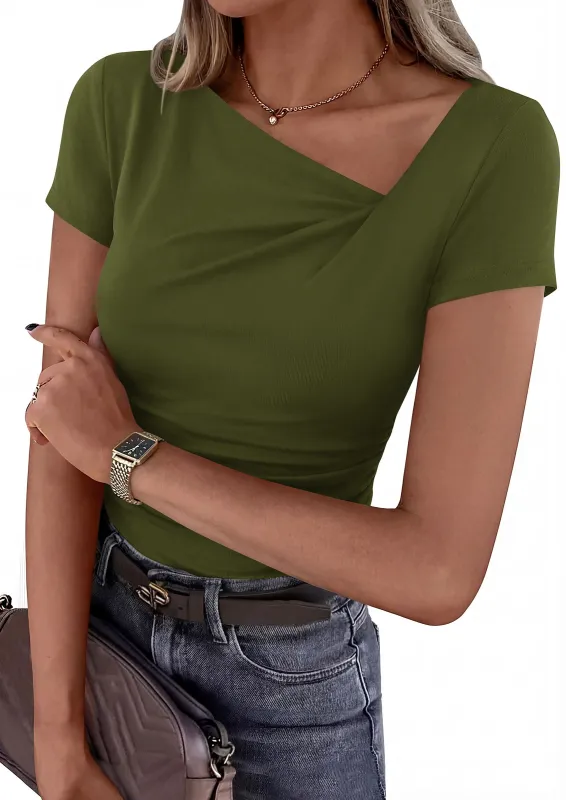 PRETTYGARDEN Women's 2026 Summer Asymmetrical Y2K Tops Trendy Ribbed Short Sleeve Fitted Tee Shirts Spring Fashion Clothing made by PrettyGarden