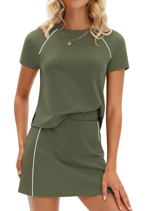 PRETTYGARDEN Women's 2026 Summer 2 Piece Skirt Sets Short Sleeve Shirts Tops Skorts Matching Workout Clothes Travel Outfits made by PrettyGarden