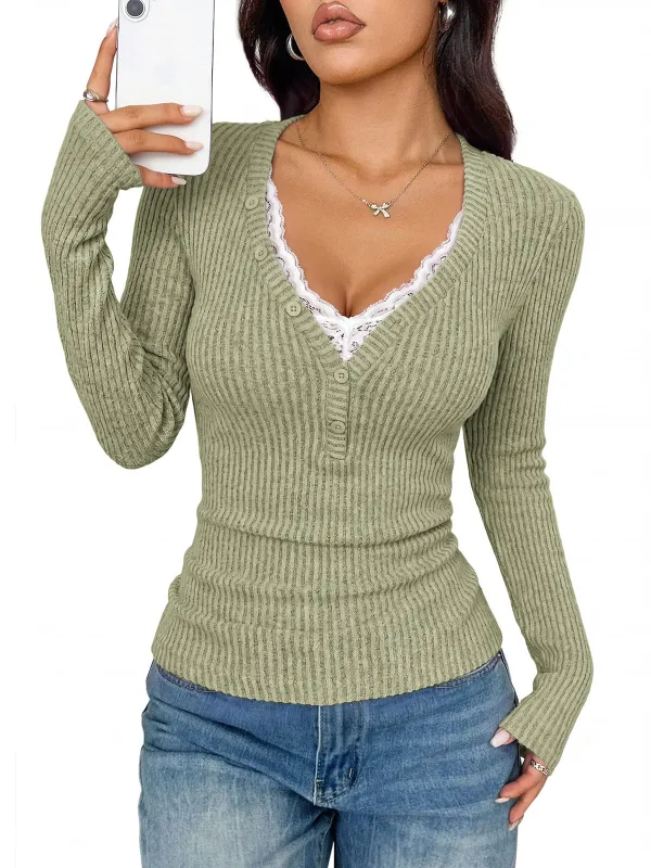 PRETTYGARDEN Women's Lace Trim Ribbed Knit Henley Long Sleeve Shirts Lightweight Button Up V Neck Pullover Tops, Dressy Casual Slim Fit Ladies Blouses, 2026 Early Fall Fashion Y2k Outfits made by PrettyGarden